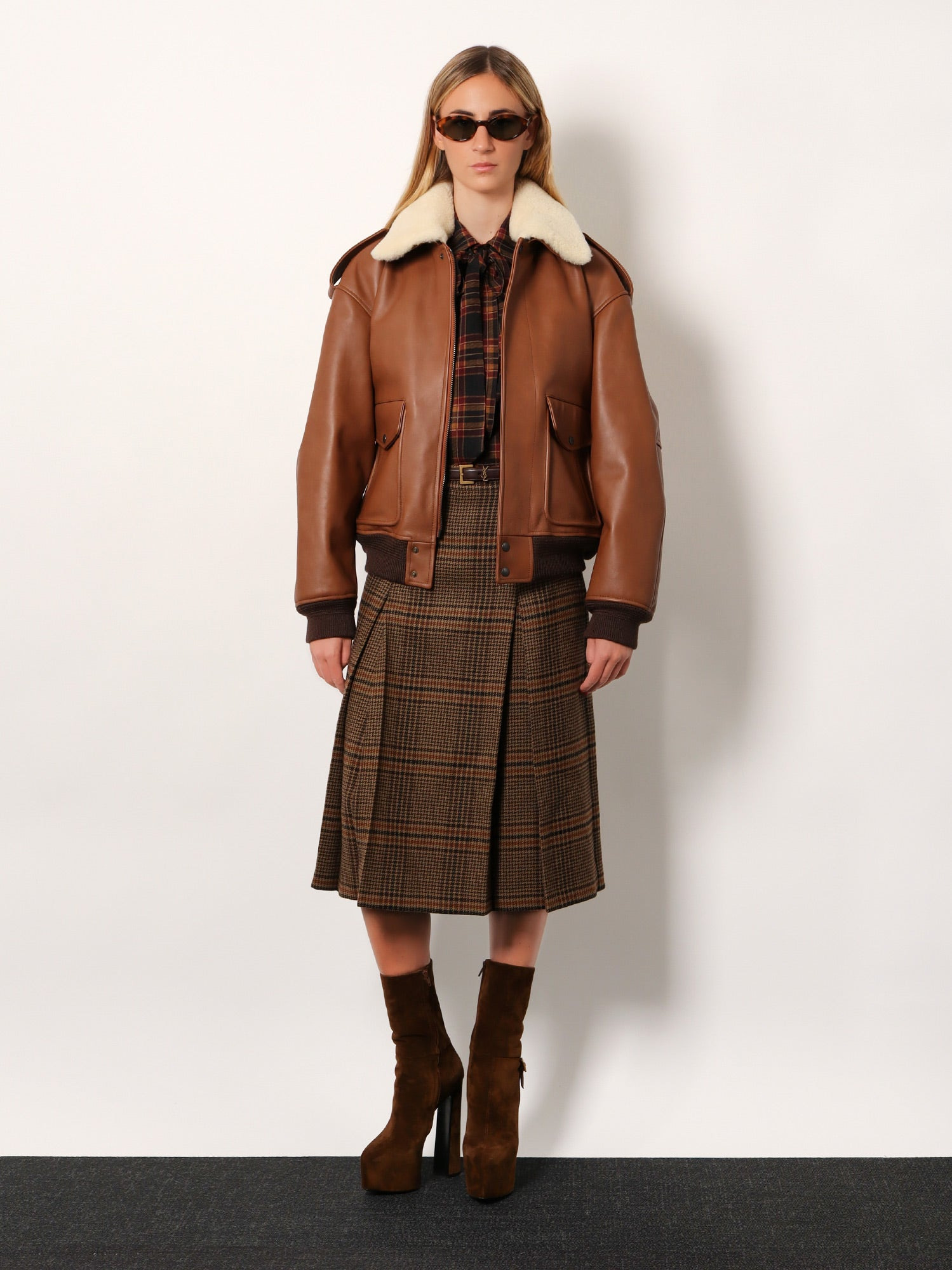 Leather Bomber Jacket With Shearling Collar - 2
