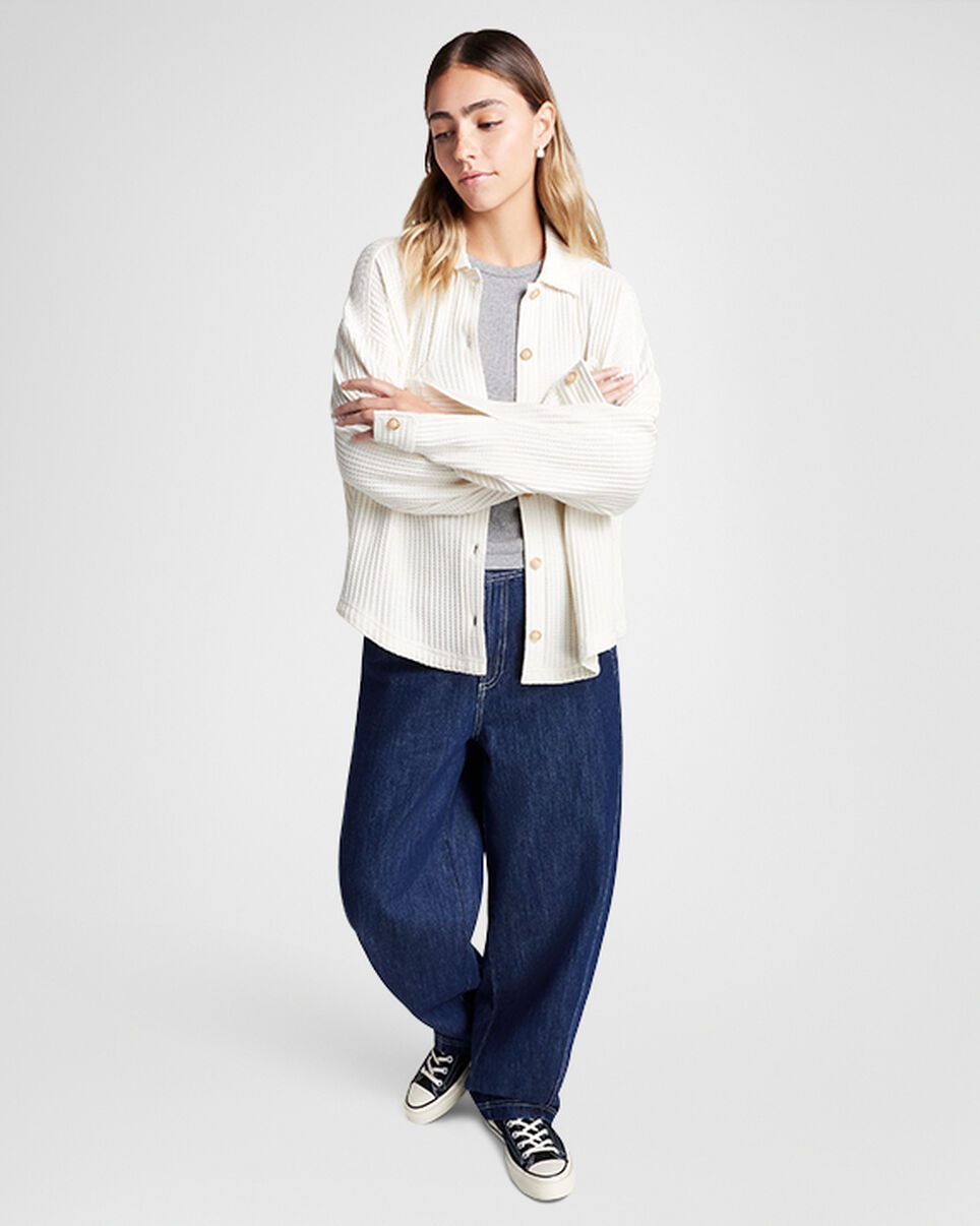 Waffle Knit Button-Down Oversized Shirt - 2