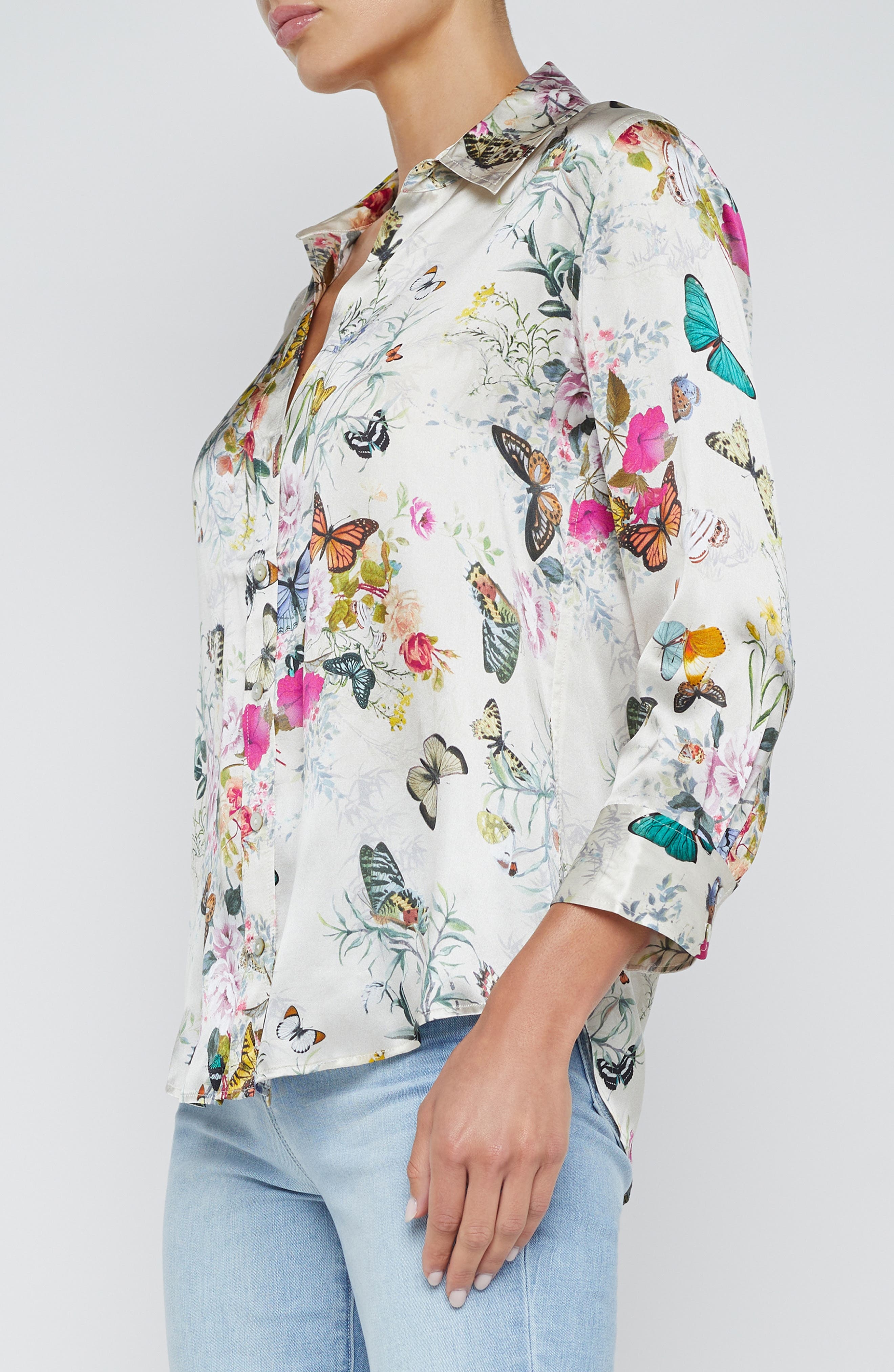 L'AGENCE Dani Butterfly Print Silk Button-Up Shirt in White Multi Charonda Butterfly at Nordstrom - 3