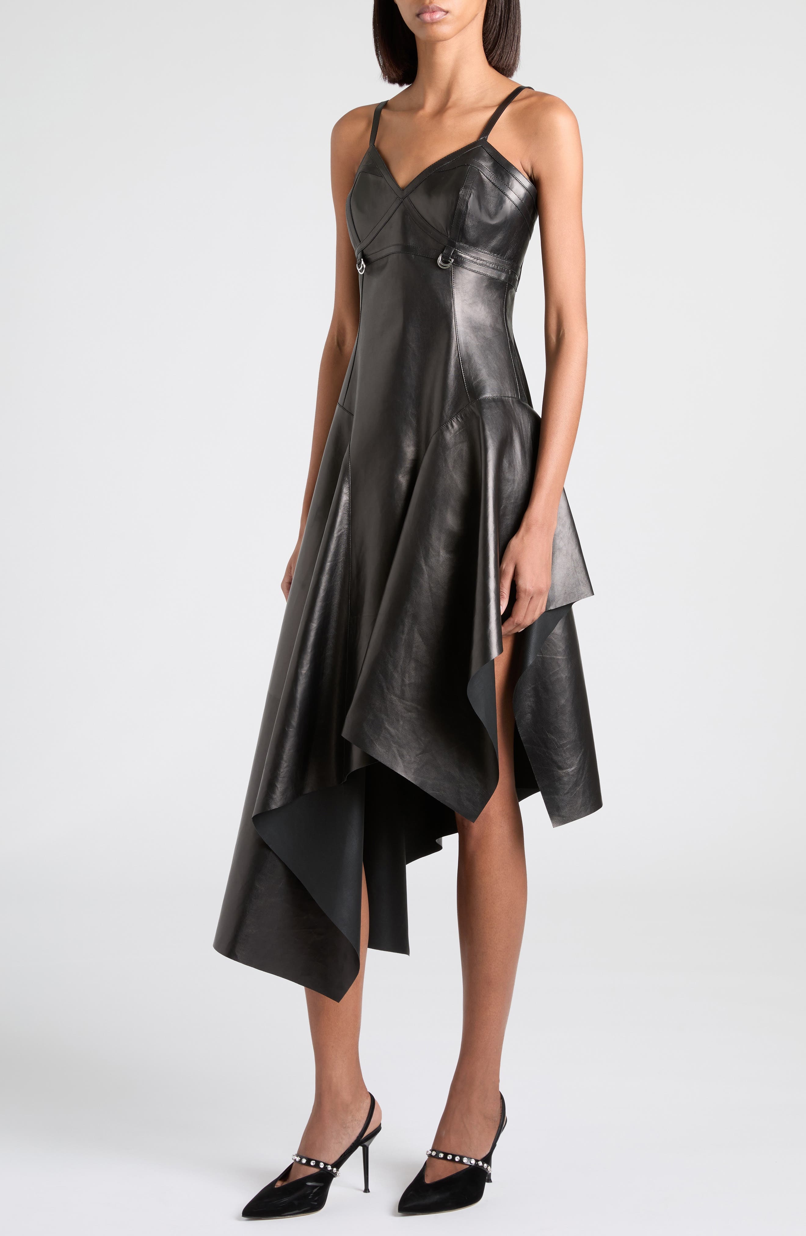 McQueen Asymmetric Draped Leather Dress in Black at Nordstrom - 4