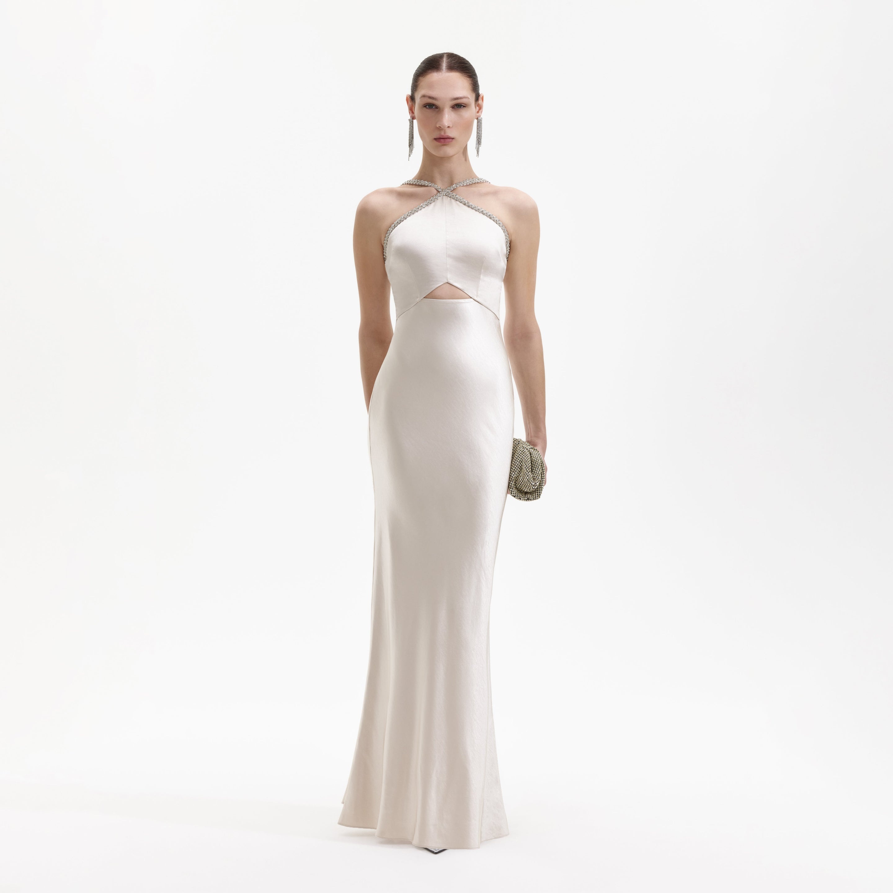 Champagne Satin Diamante Maxi Dress - 1