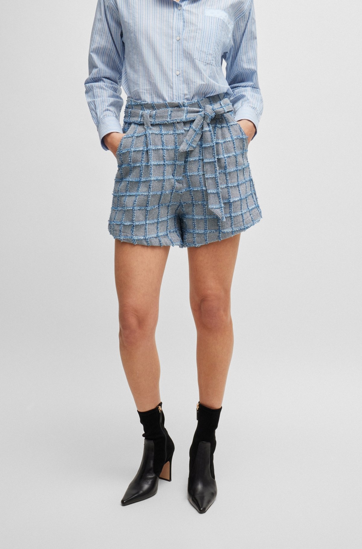 TWEED PAPERBAG SHORTS WITH DENIM CHECK - 2