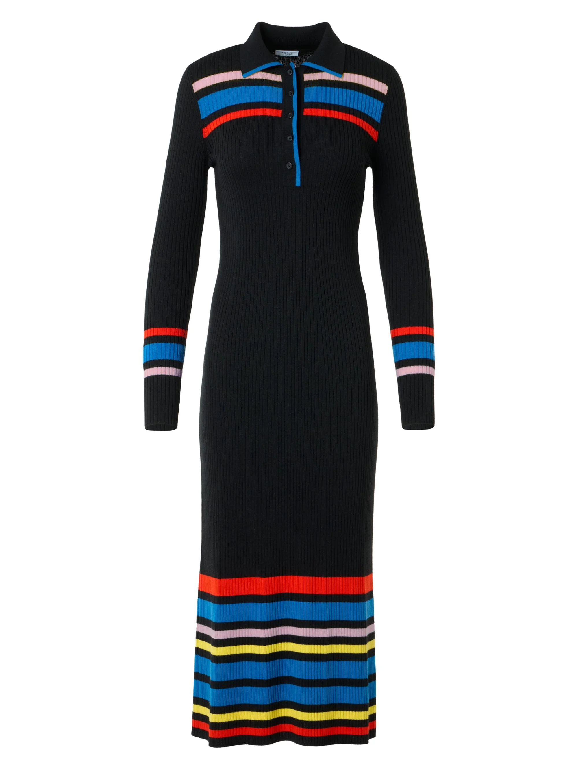 Women's Colorblocked Stripe Rib-Knit Polo Dress - Black Multicolor - 1
