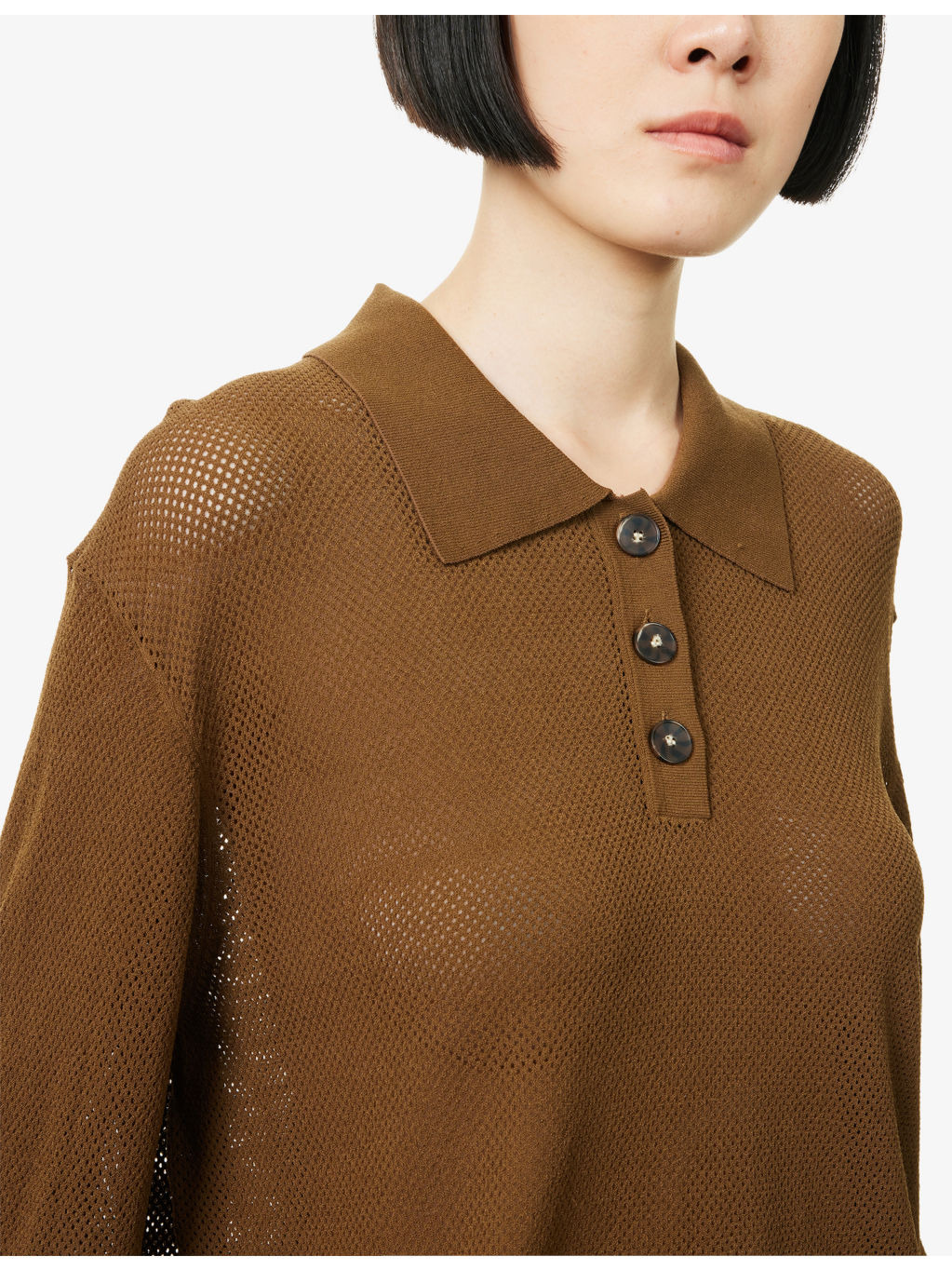 Madison Long-Sleeve Open-Knit Woven Polo Top - 5