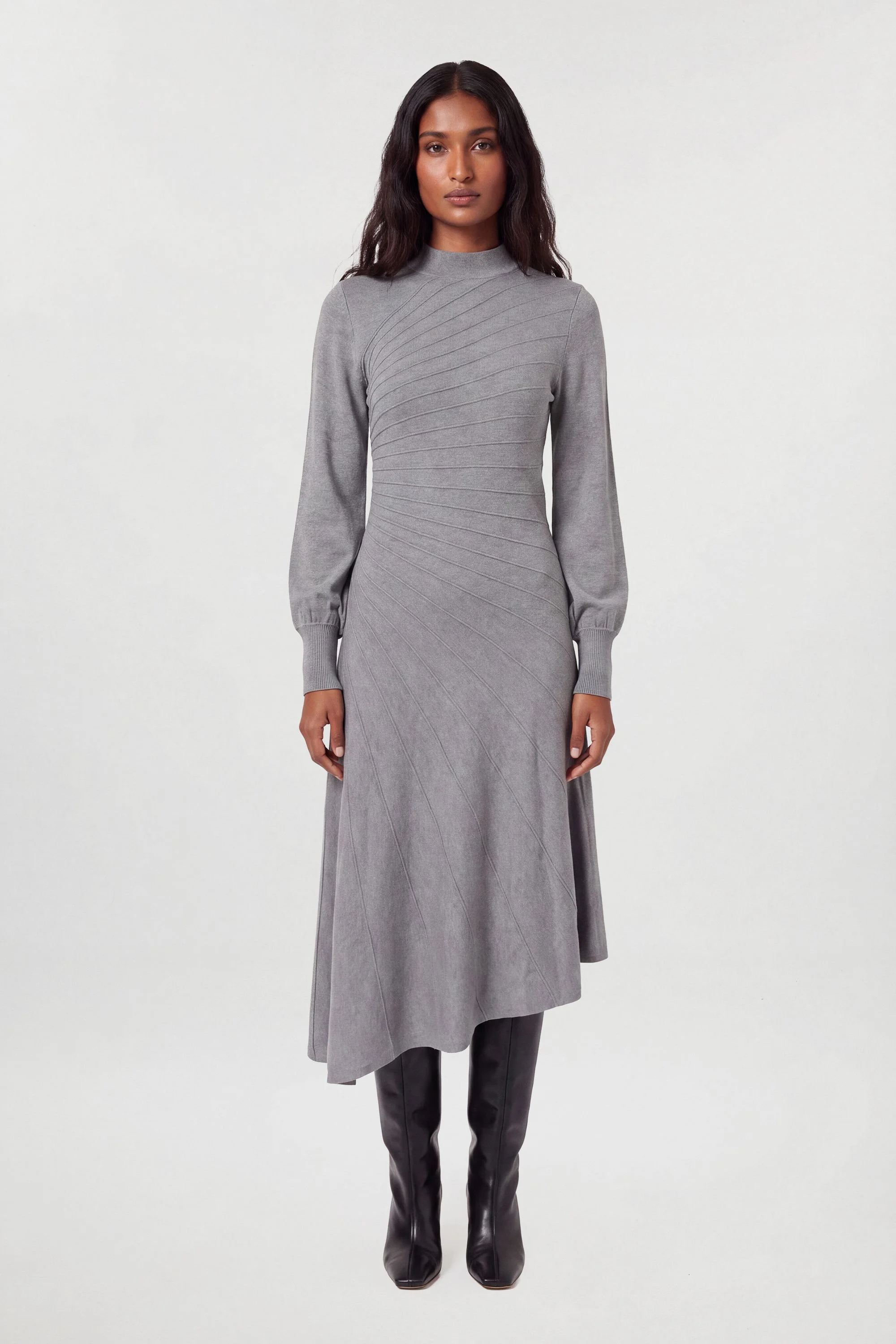 Wool Look Rib Detail Long Sleeve Knitted Dress - 1