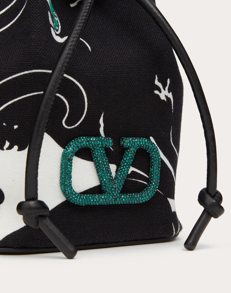 MINI VALENTINO GARAVANI ESCAPE BUCKET BAG IN CANVAS WITH PANTHER PRINT AND JEWEL LOGO 8