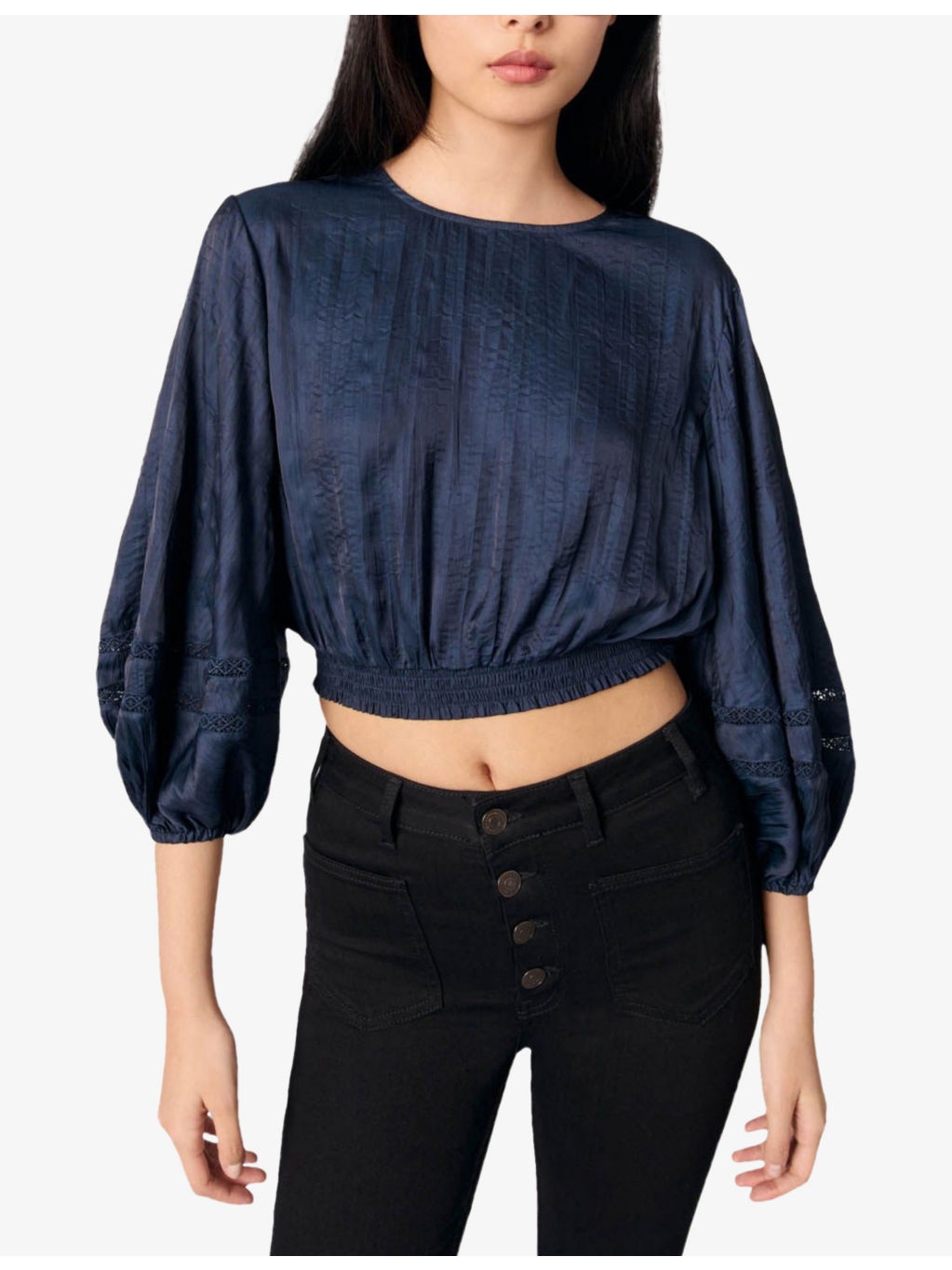 Puff-Sleeve Cropped Satin Blouse - 3
