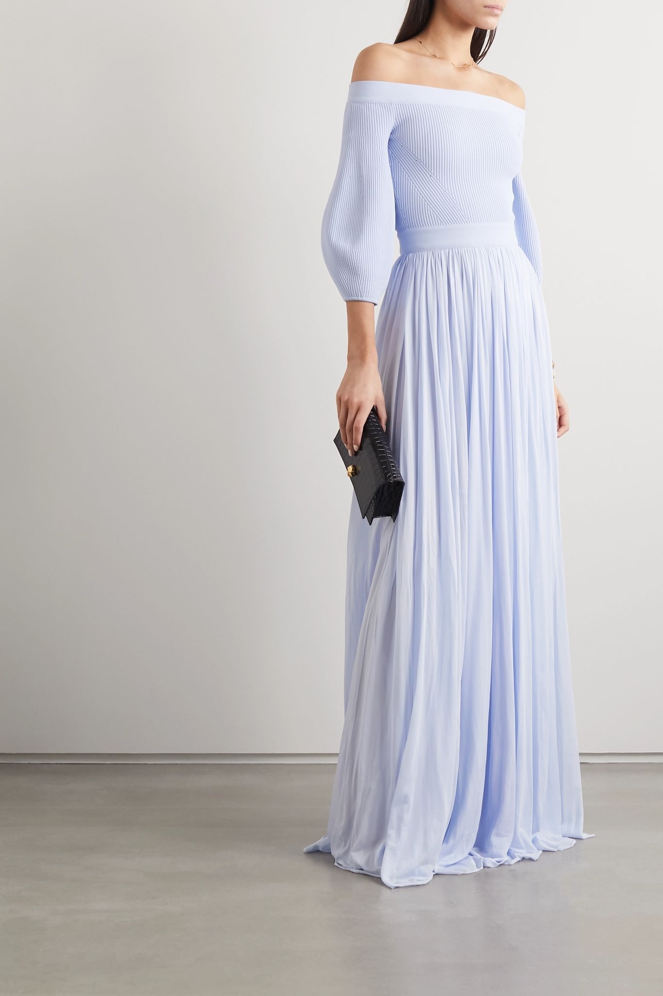 Off-the-shoulder ribbed-knit and crepe de chine gown - 2