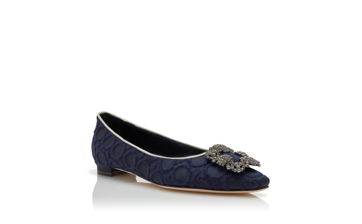 Navy Blue and White Silk Jewel Buckle Flat Pumps - 3