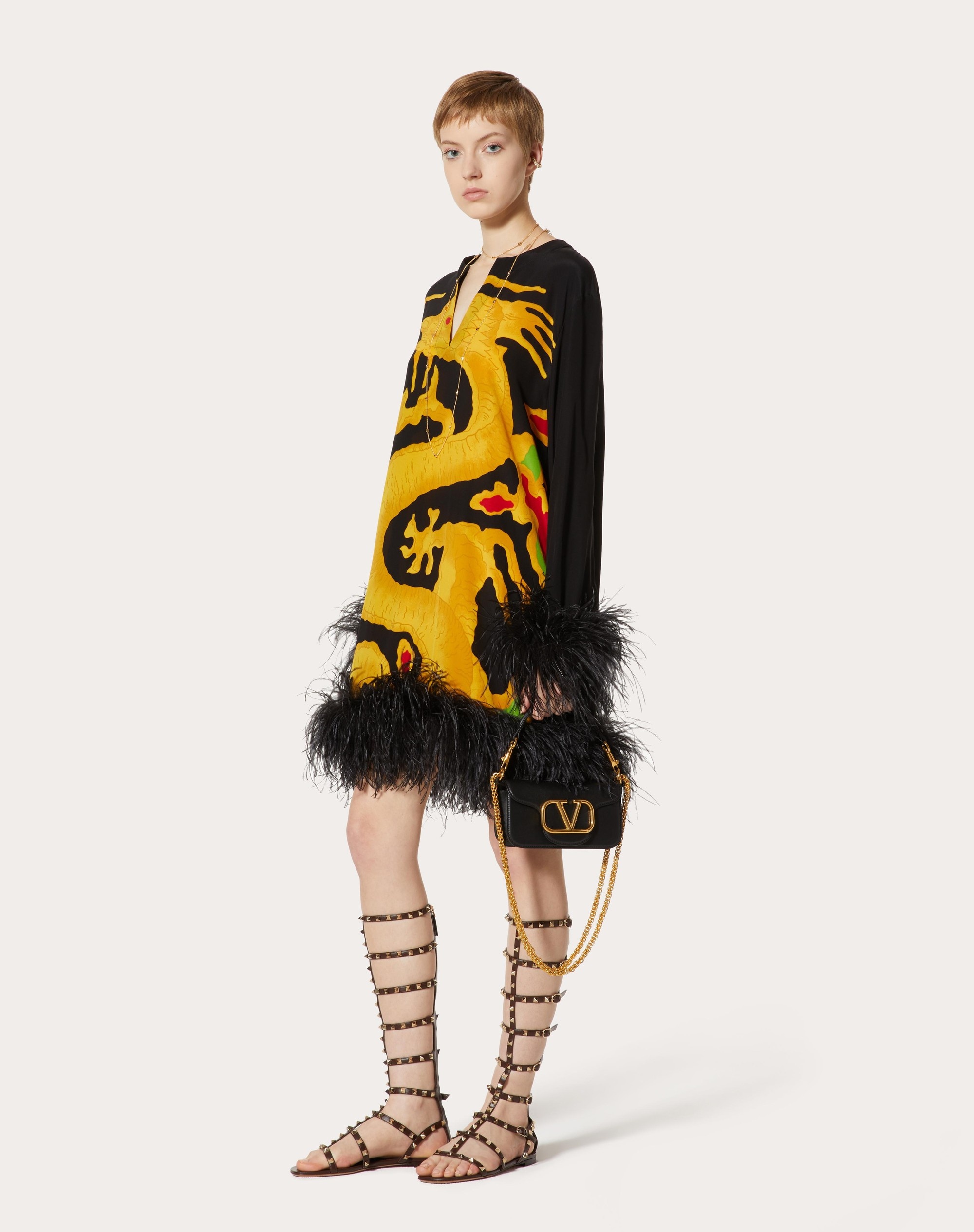 CREPE DE CHINE DRESS WITH FEATHER EMBROIDERY AND DRAGO RE-EDITION PRINT - 2