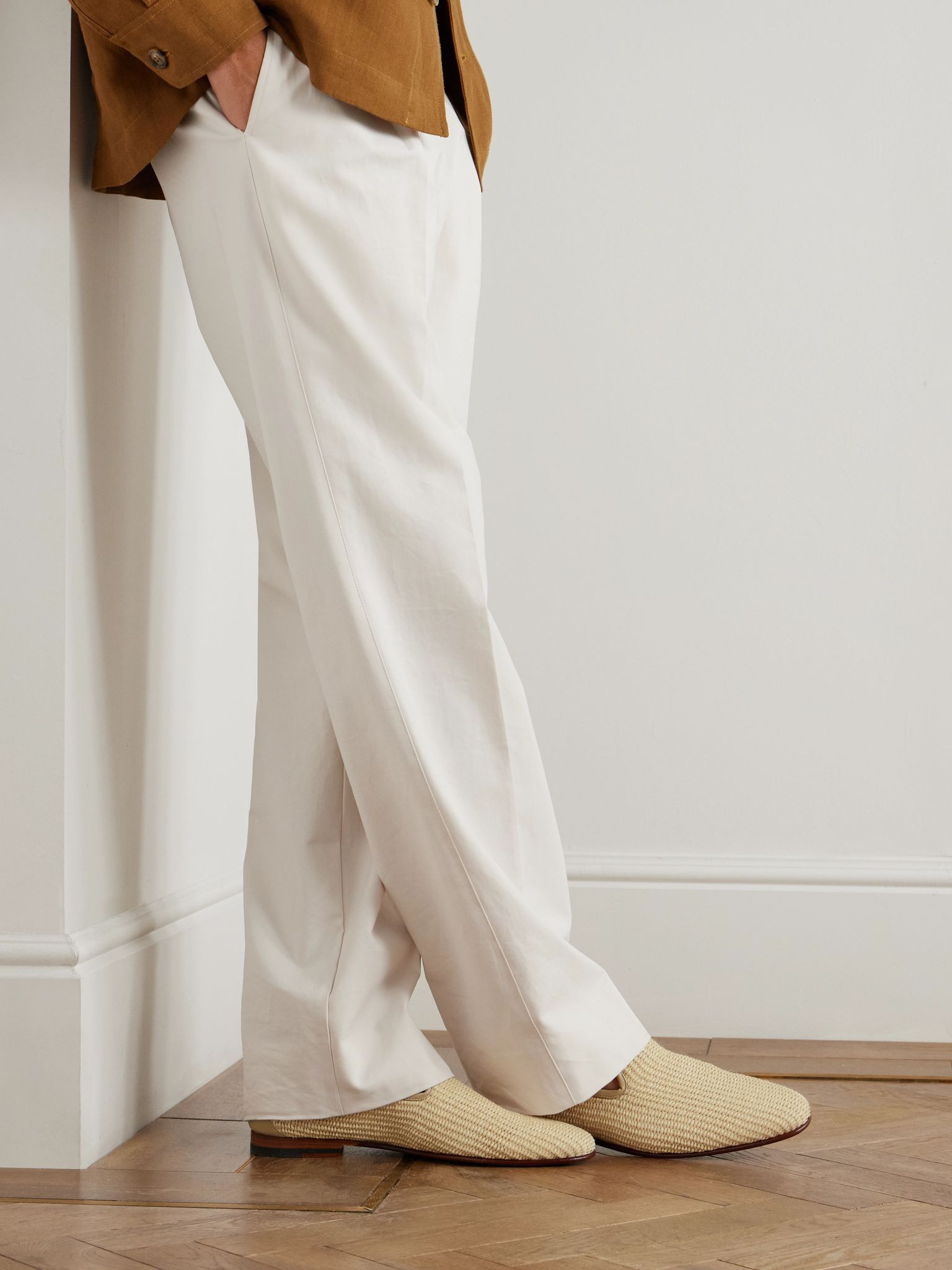 Mario Leather-Trimmed Raffia Loafers Beige - 2