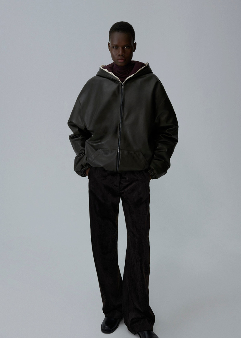 MAGDA BUTRYM Lace-detail zip up hoodie in black leather outlook