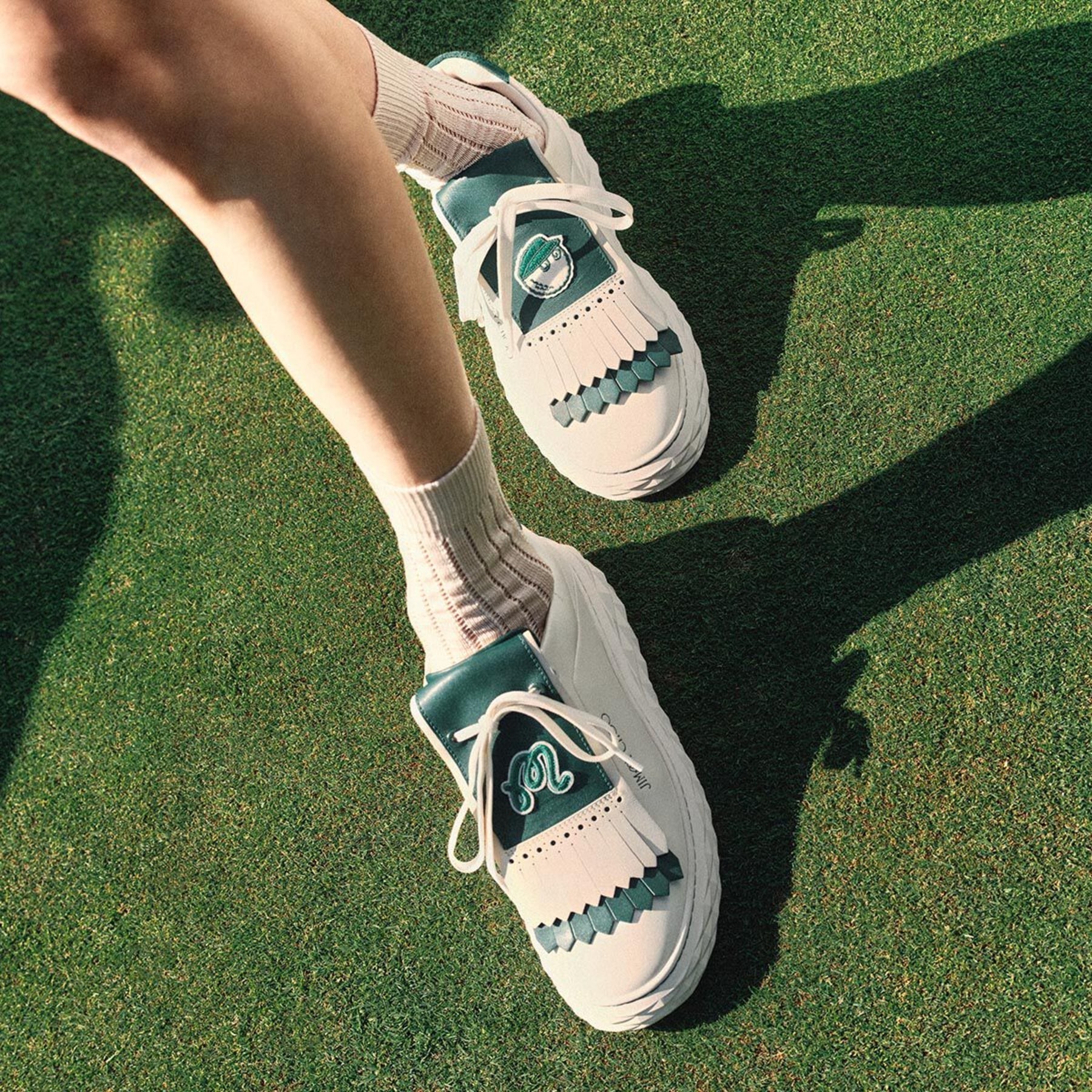 Jimmy Choo / Malbon 2.0 Diamond F 
Women's Latte Leather and Malbon Green Trainers with Detachable K - 9