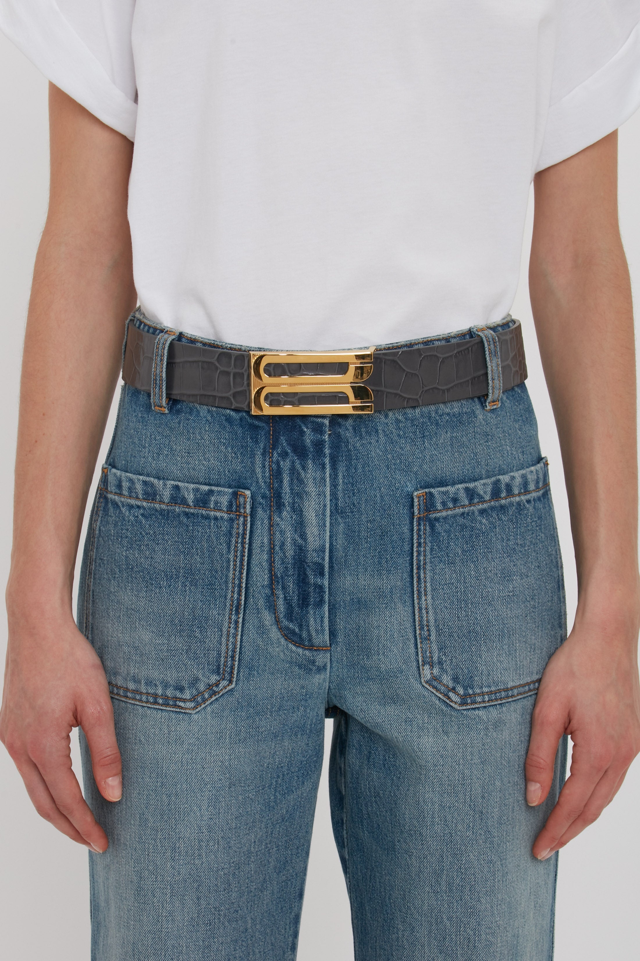 Jumbo Frame Belt In Slate Grey Croc Embossed Calf Leather - 4