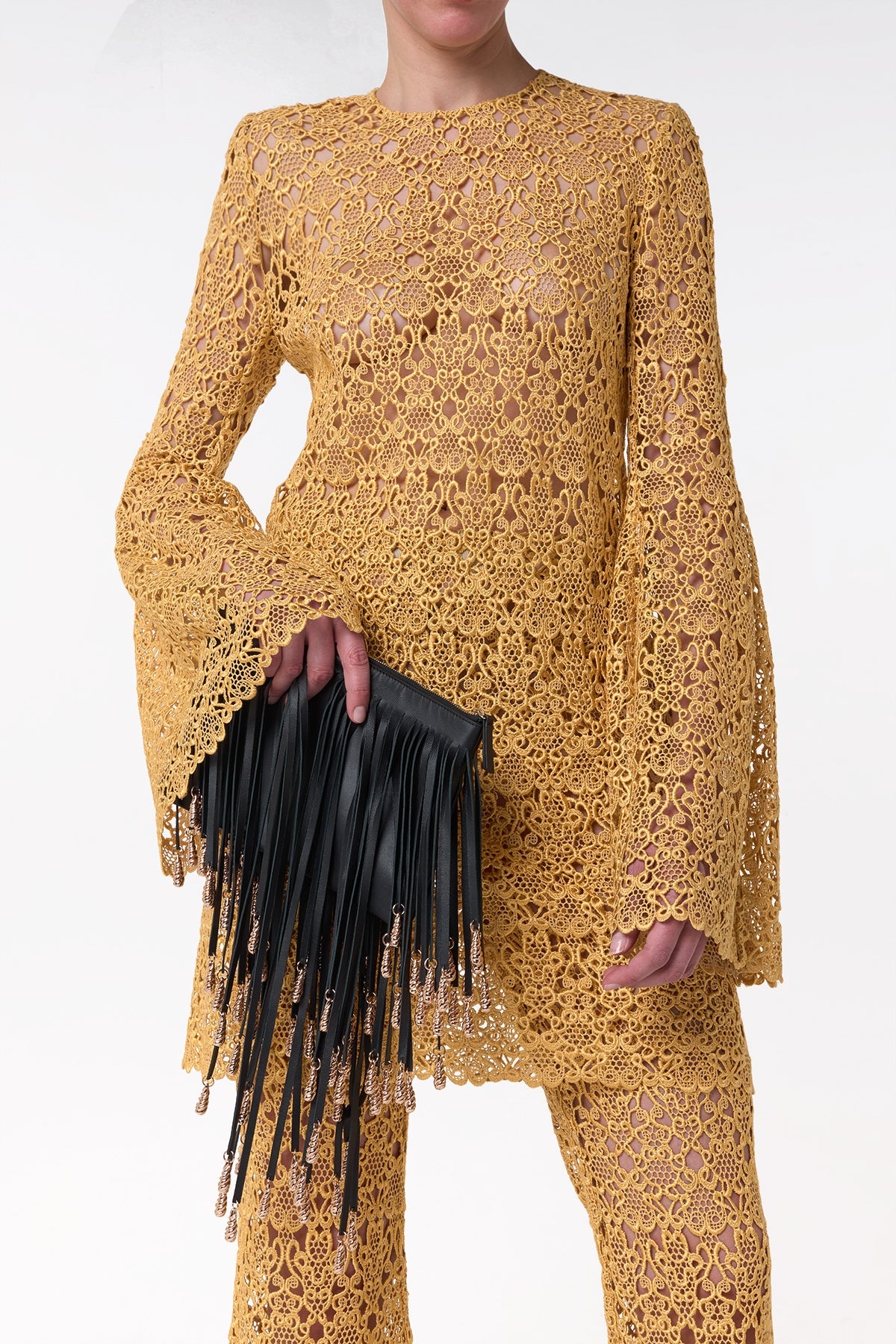 Archie Mini Dress with Lining in Gold Silk Macrame Lace - 7