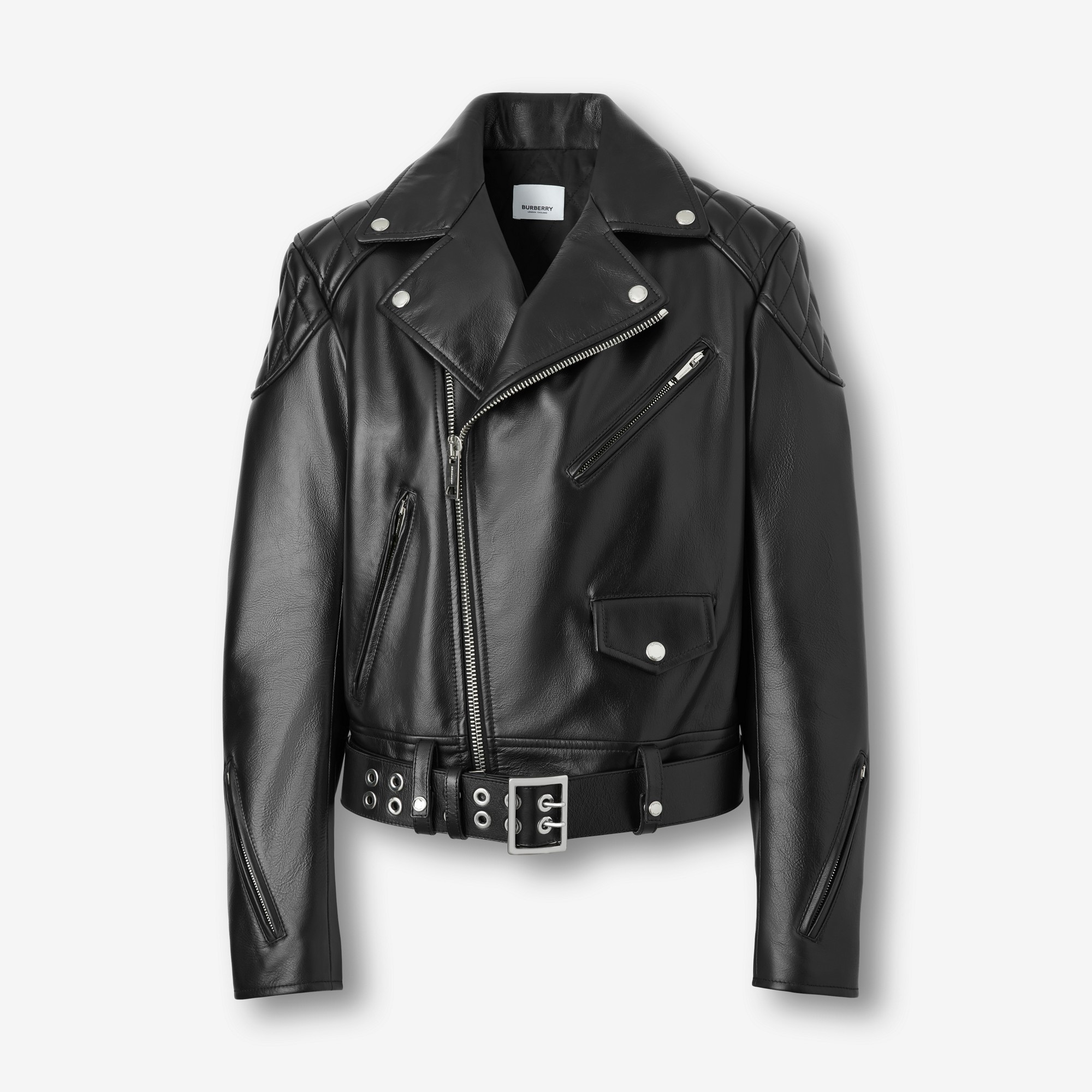 Diamond Quilted Panel Leather Biker Jacket - 1