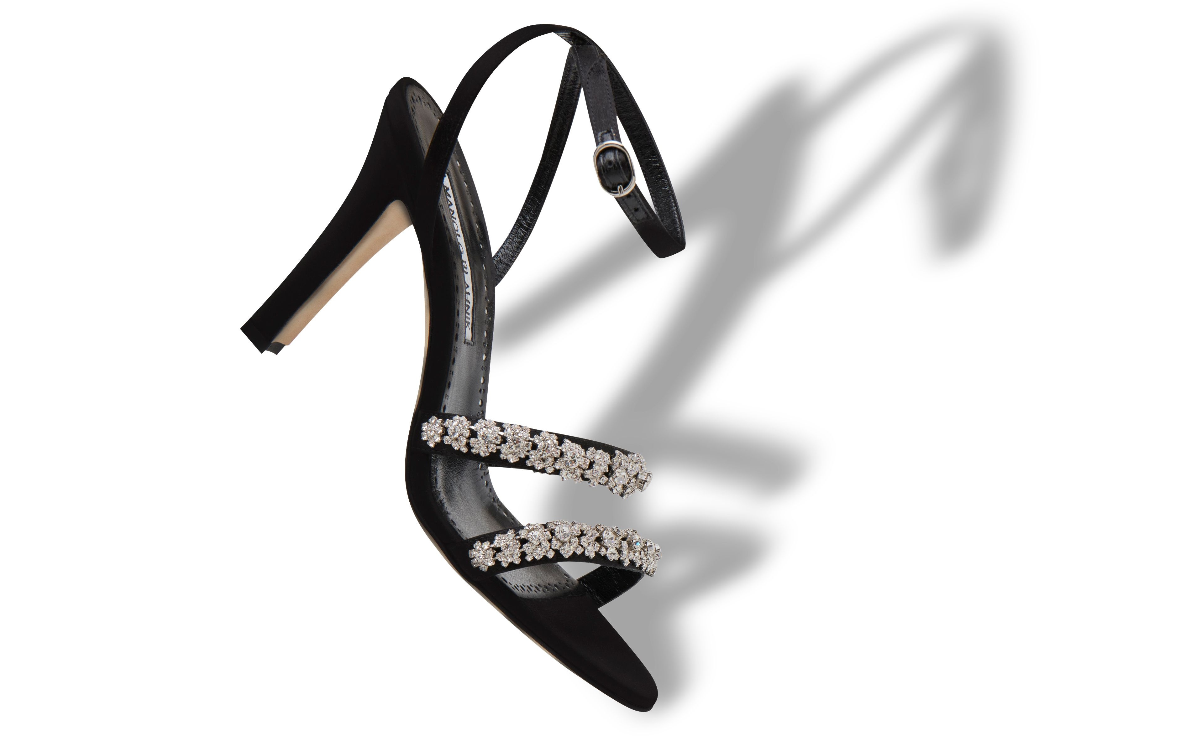 Black Satin Crystal Embellished Sandals - 2