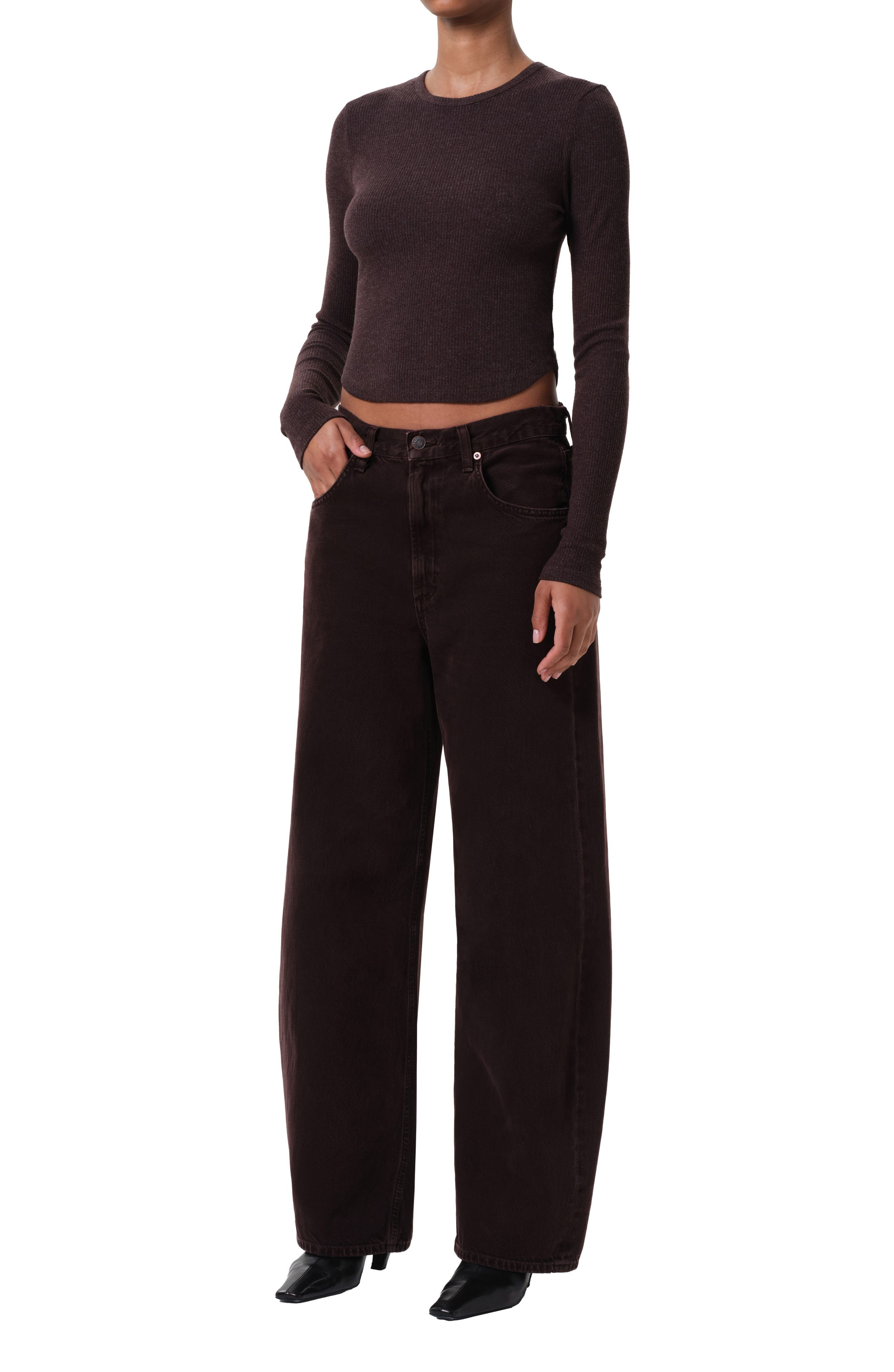 AGOLDE Neema Ribbed Long Sleeve T-Shirt in Root Dark Burgandy at Nordstrom - 5