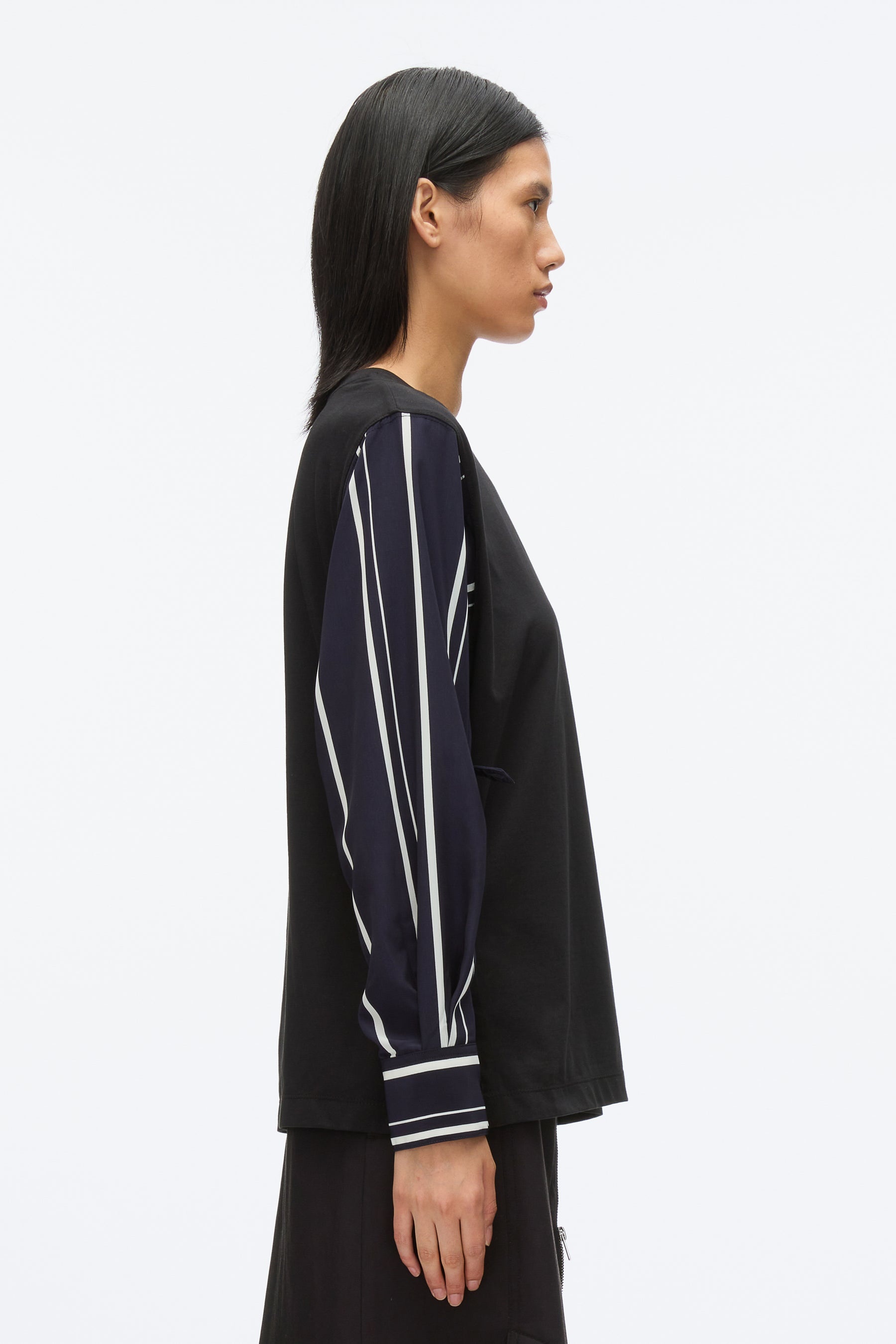 Long Sleeve Tee with Stripe Shirting Sleeves - 4