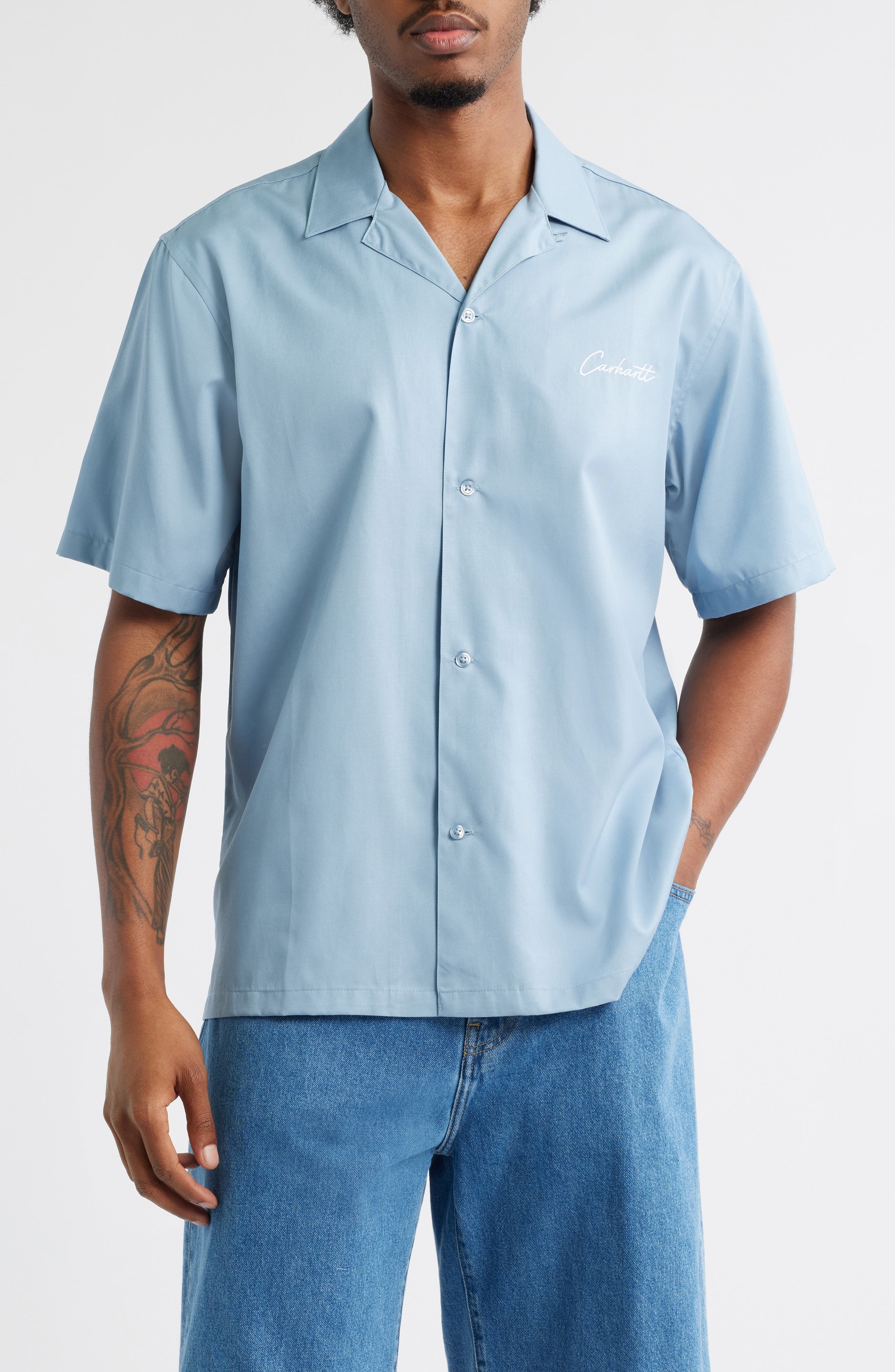 Carhartt Work In Progress Delray Cotton & Lyocell Camp Shirt in Frosted Blue /White at Nordstrom - 1