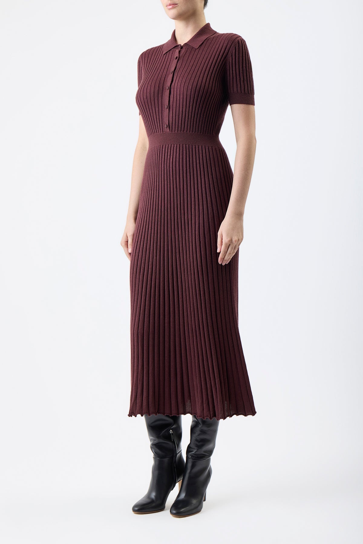Amor Ribbed Dress in Deep Bordeaux Silk Cashmere - 3