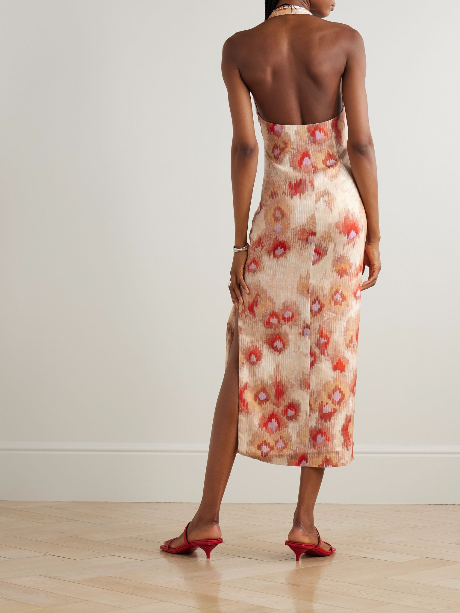 Fiorella tie-front floral-print linen halterneck midi dress Pink - 3