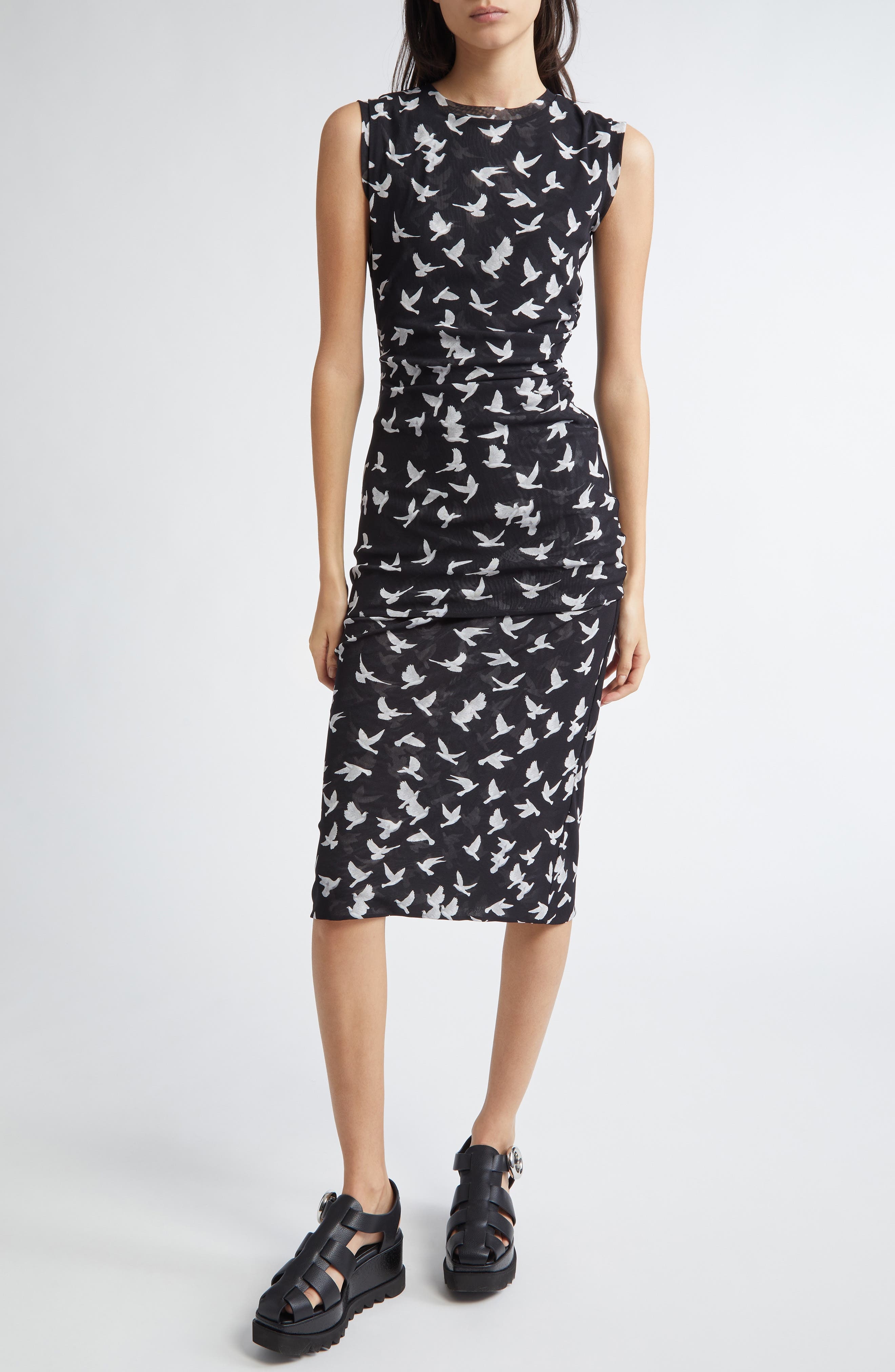 Stella McCartney Flying Bird Haze Gathered Mesh Midi Skirt in Black at Nordstrom - 2