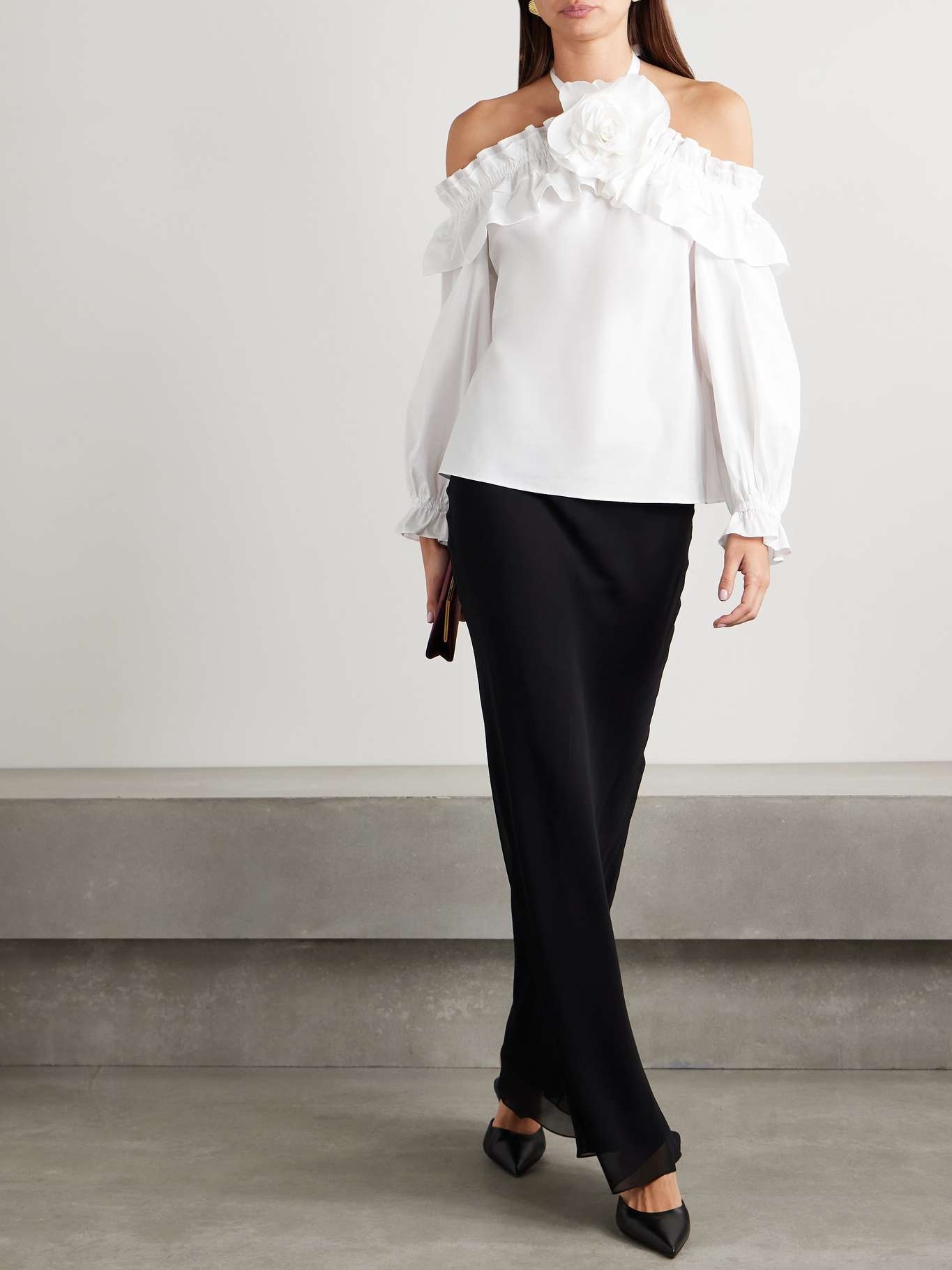 Off-the-shoulder ruffled appliquéd cotton-blend poplin halterneck blouse White - 2