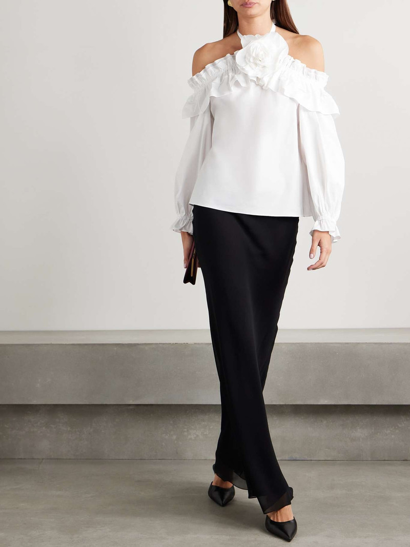 CAROLINA HERRERA Off-the-shoulder ruffled appliquéd cotton-blend poplin halterneck blouse White outlook
