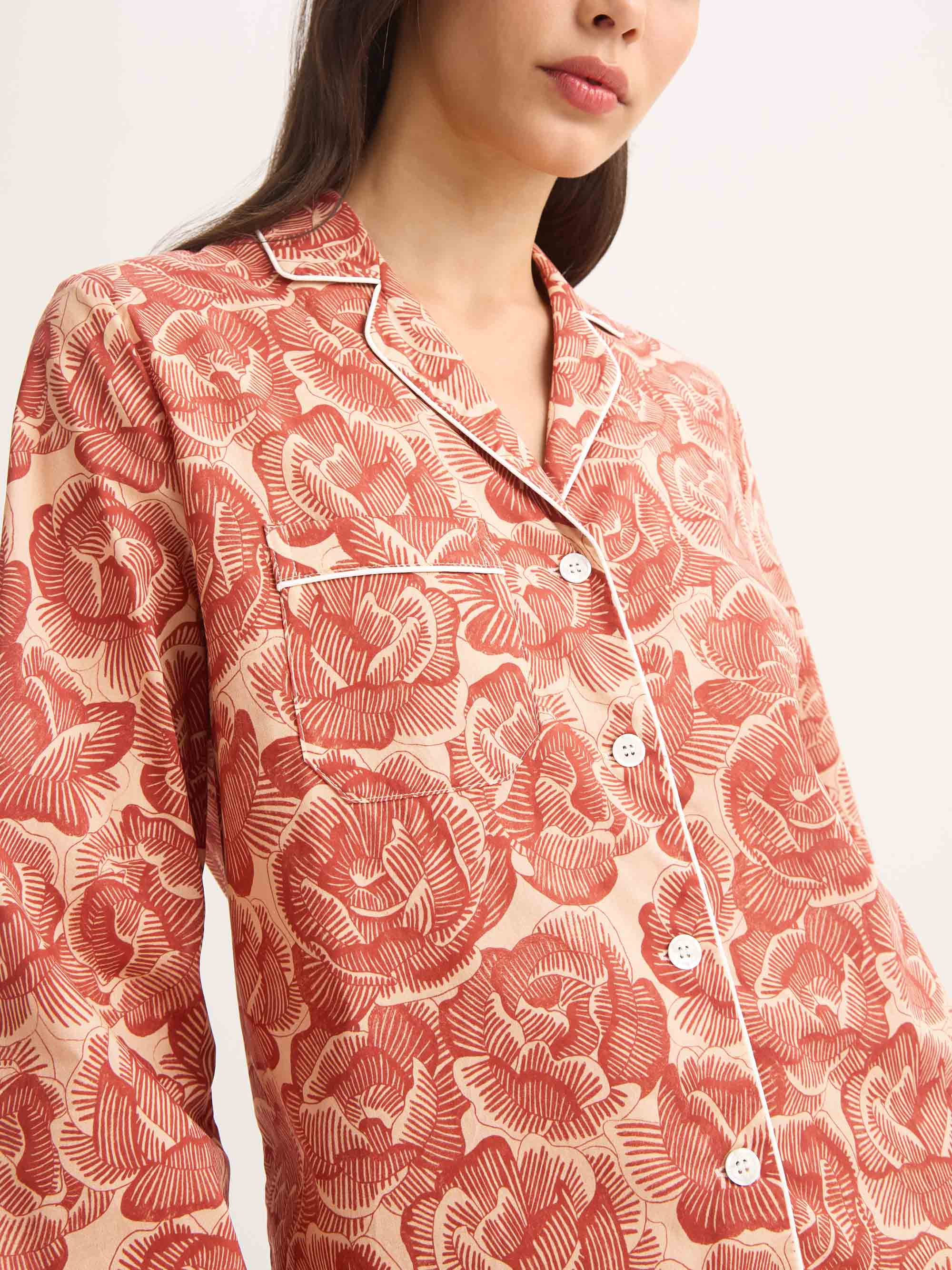 Women's Pajamas Cotton Batiste Rustic Red Rose Print - 6