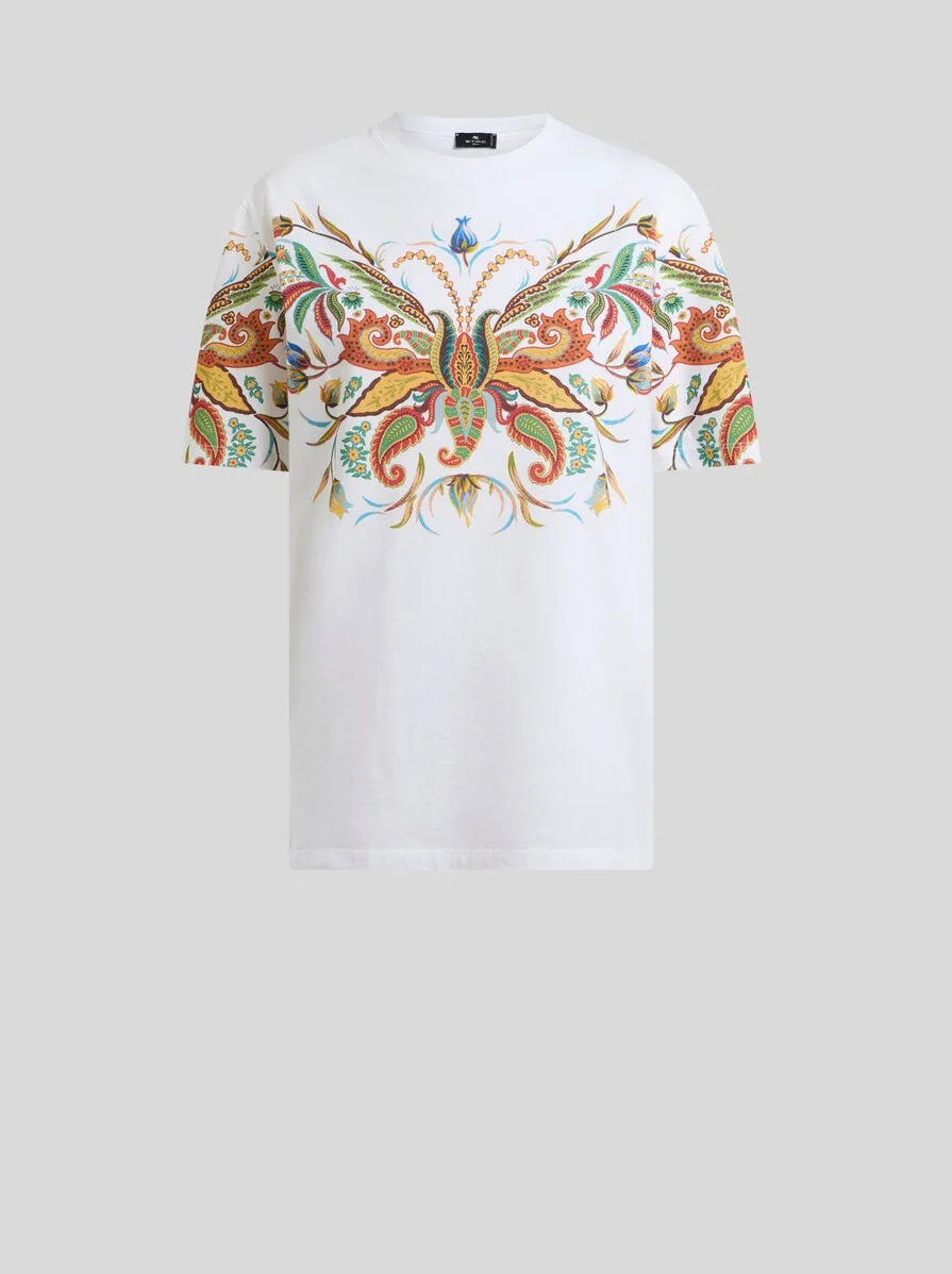 LONG COTTON T-SHIRT WITH PLACED PAISLEY FOLIAGE PRINT - 1