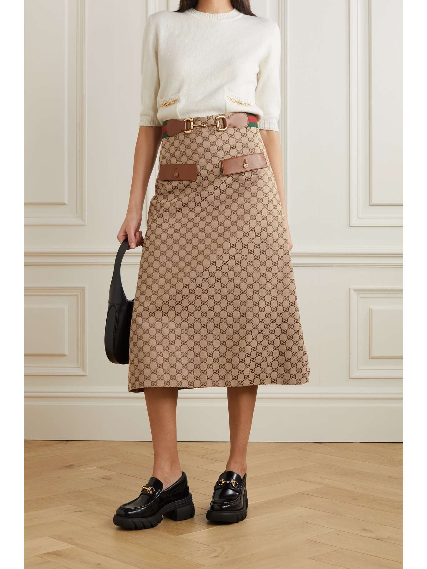 スカート Gucci Logo Embroidered Canvas Midi Skirt GG canvas skirt in camel and ebony | GUCCI® CA