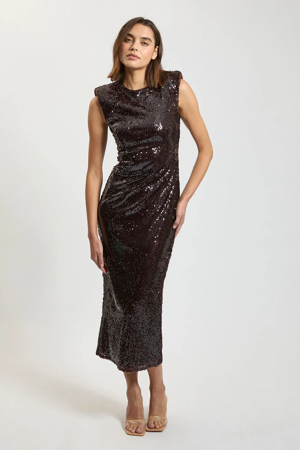 Petite Strong Shoulder Sequin Midi Dress - 1