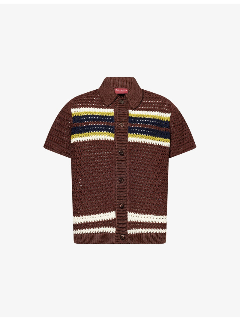 Stripe-Pattern Short-Sleeve Knitted Cotton Polo Shirt 1