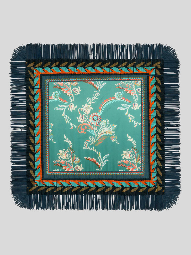 SILK SCARF WITH DAFFODIL MOTIF, FRINGING AND BEADS 1