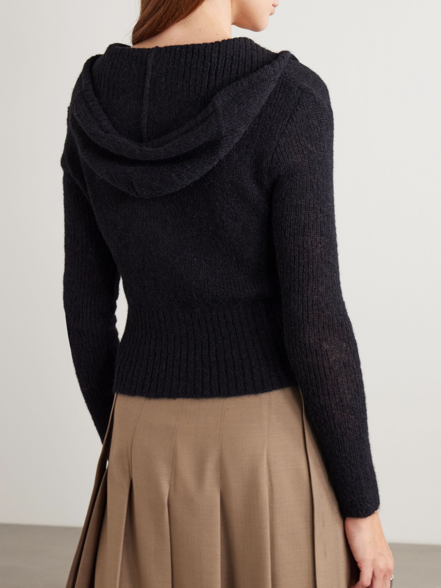 Compact hooded ribbed brushed alpaca-blend cardigan Black - 3