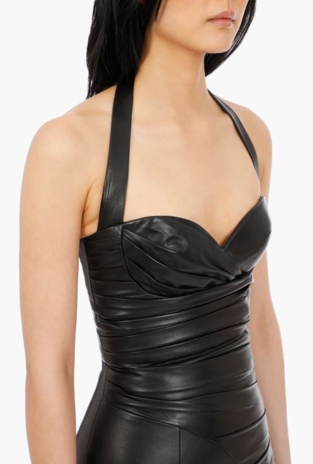 Short black leather pleated dress - 8