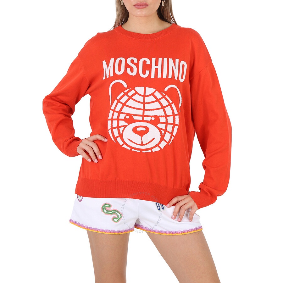 Moschino Fantasy Print Red Teddy Logo Intarsia-Knit Cotton Sweater - 3