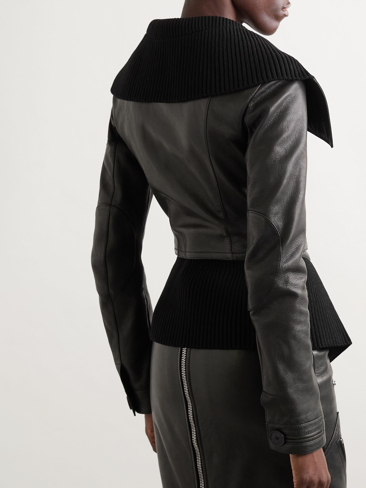 Paneled leather and ribbed cotton-blend jacket Black - 3