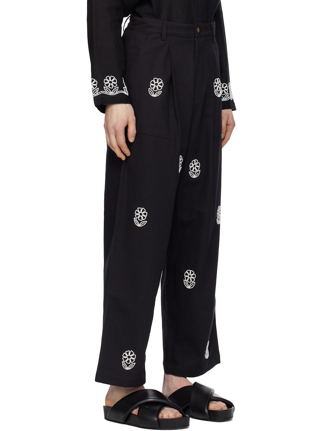 Black Beadwork Embroidered Trousers - 2