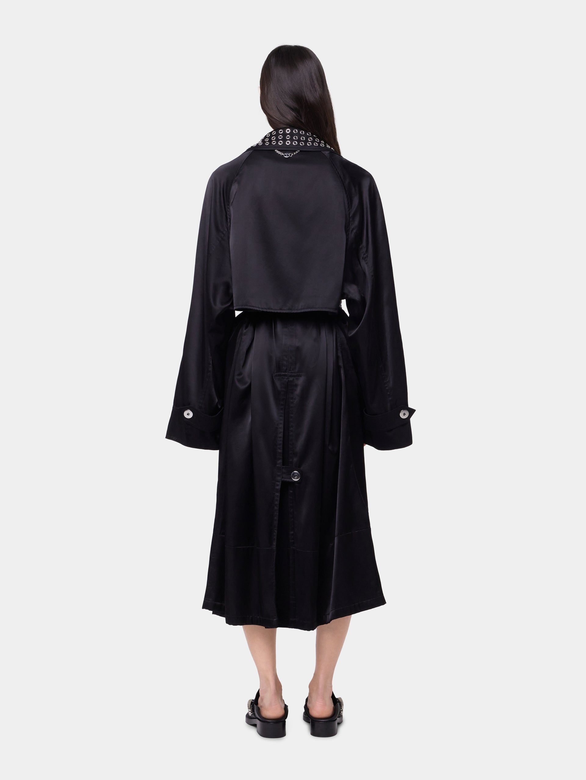 BLACK LONG TRENCH COAT IN SATIN - 6