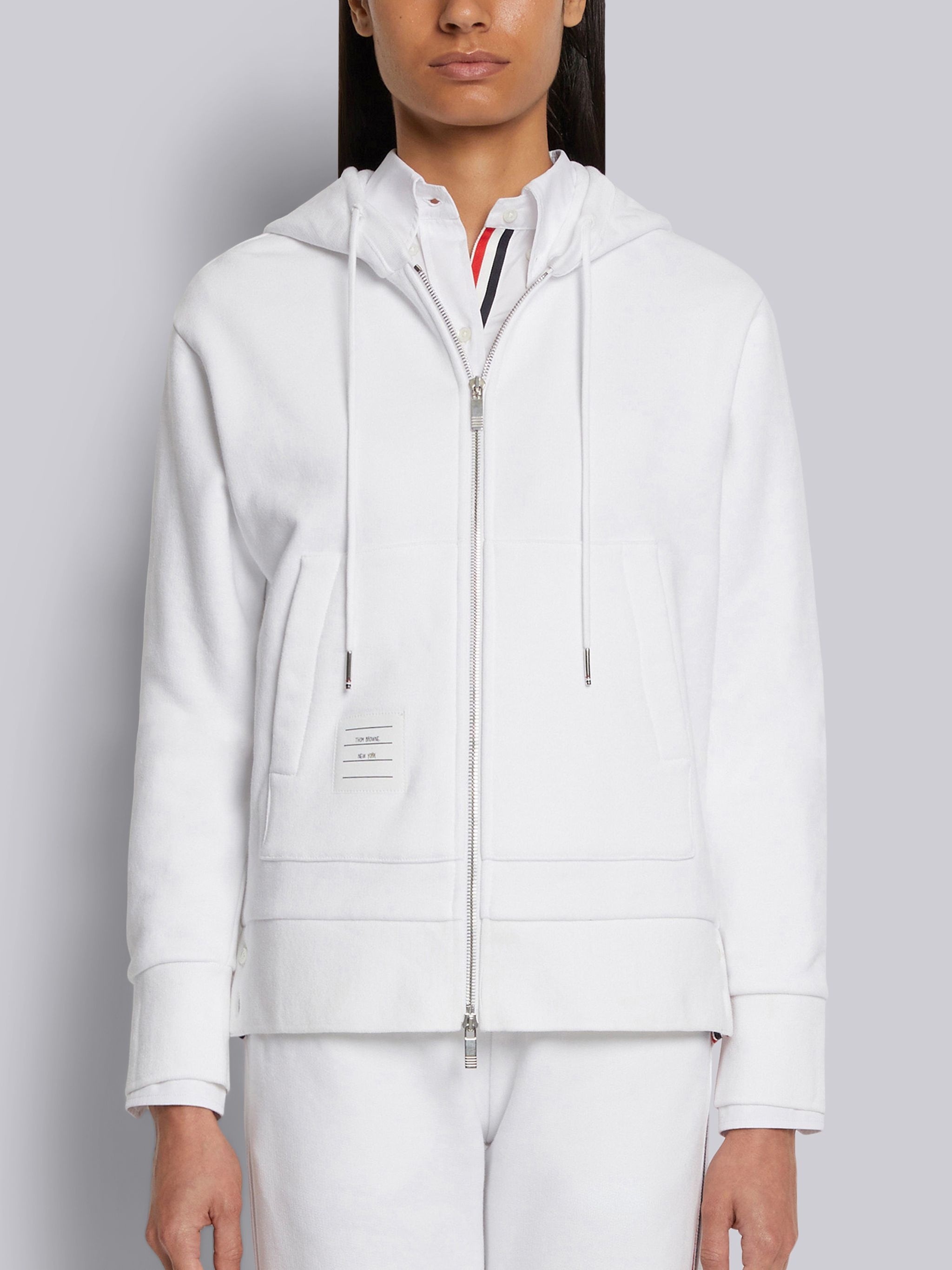 White Classic Loopback Cotton Center Back Stripe Zip-up Hoodie - 1