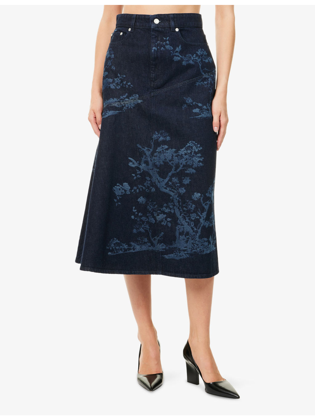 Tree-Print A-Line Denim Midi Skirt - 3