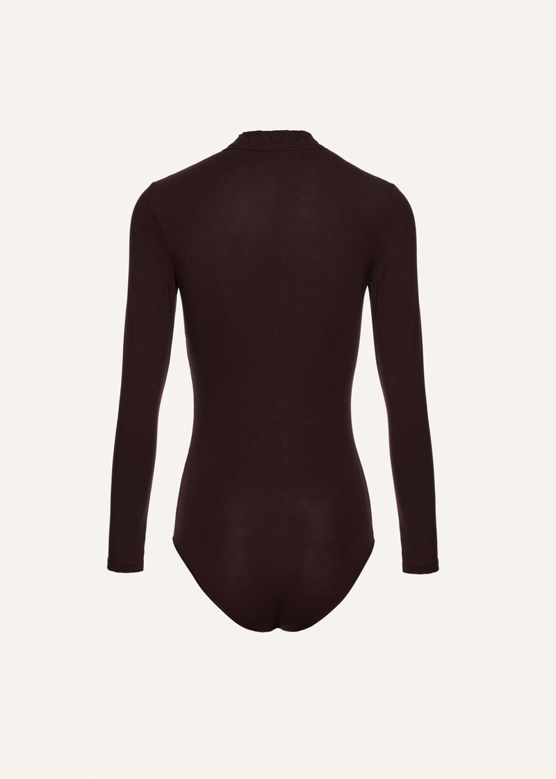 Long-sleeve tricot polo bodysuit in brown 2