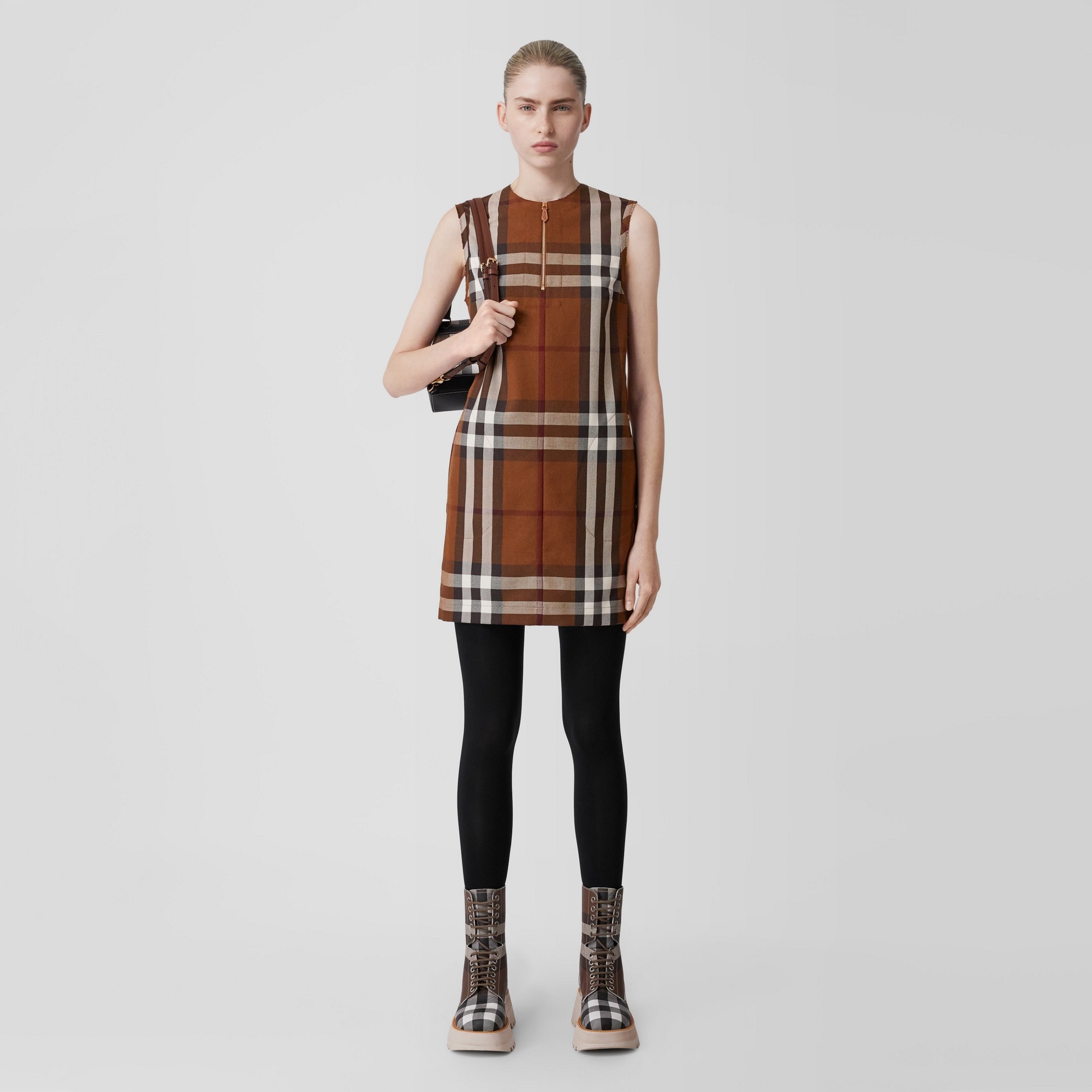 Sleeveless Check Wool Cotton Jacquard Dress - 4