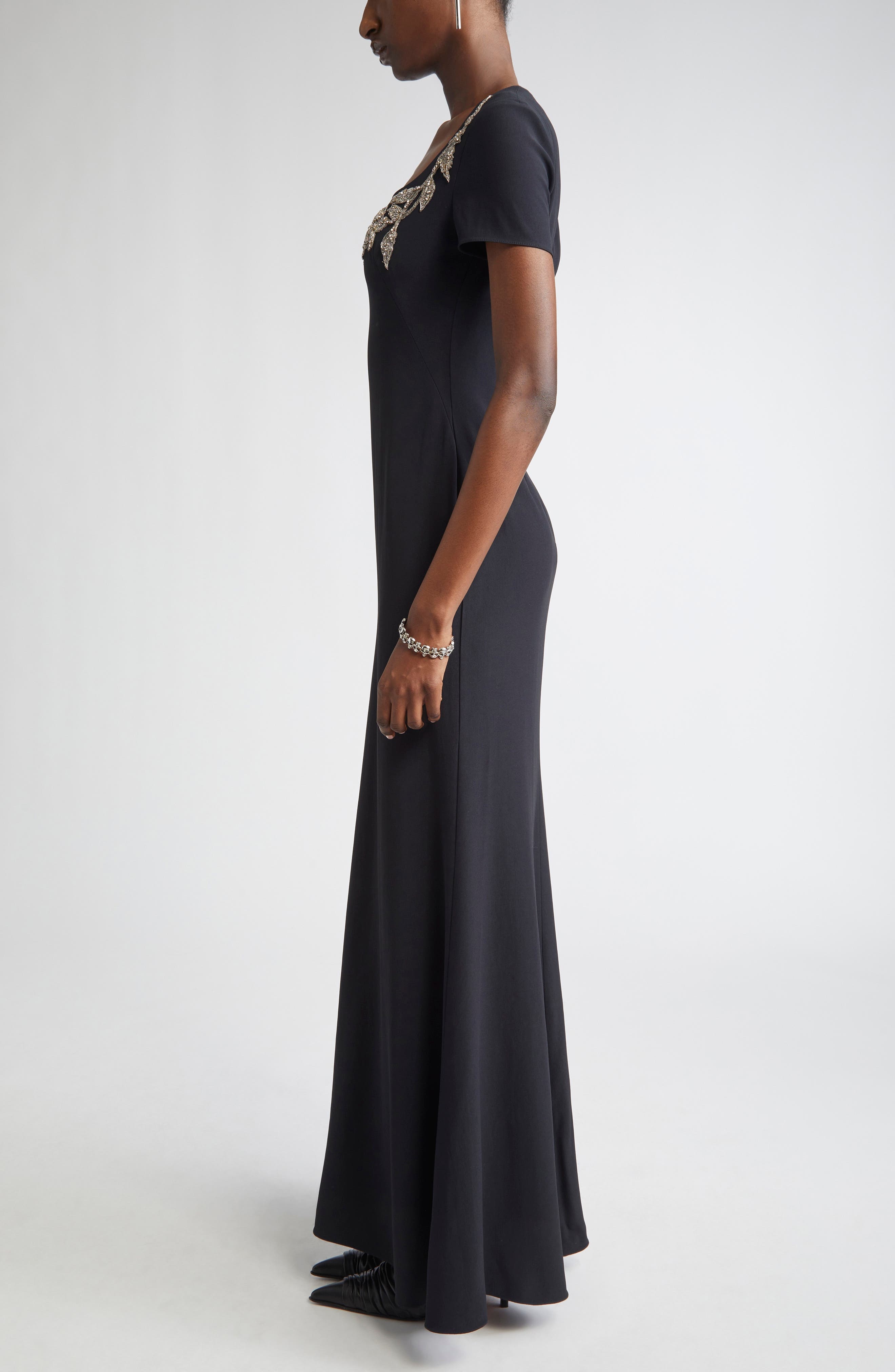 McQueen Banshee Embroidery Leaf Crepe Gown in Black at Nordstrom - 3