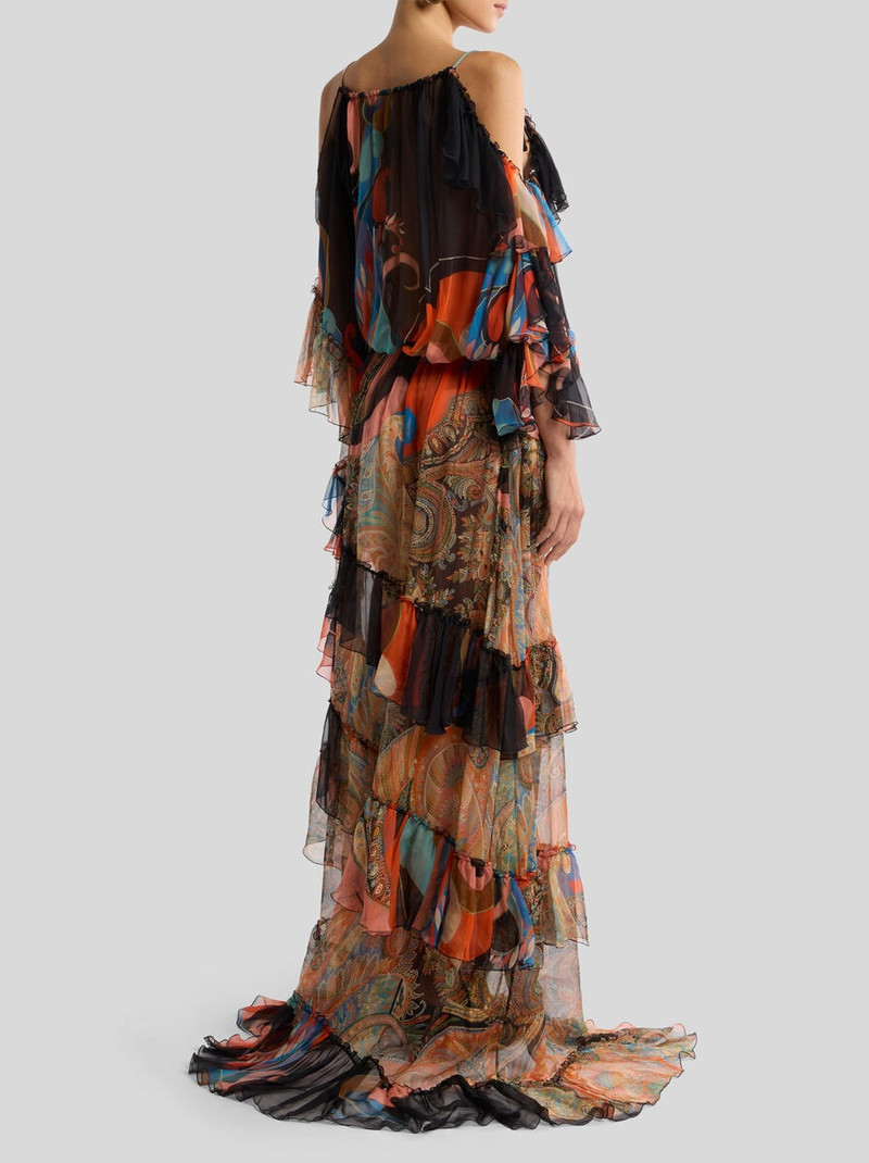 LONG SILK DRESS WITH RUFFLES AND TWO MOTIFS 5