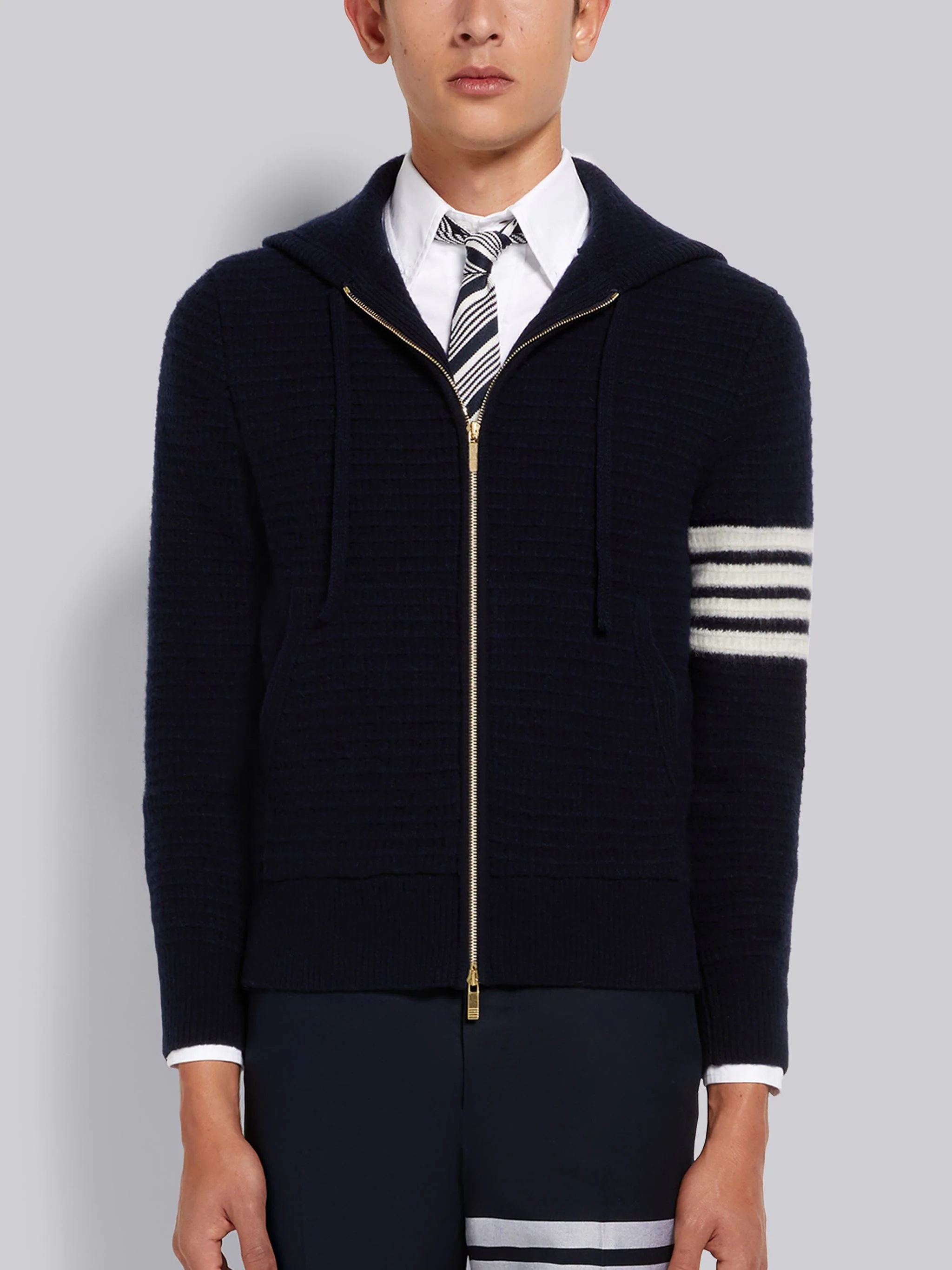 【THOM BROWNE】OVERWASHED CASHMERE 4 BAR ZIPUP HOODIE Grey Overwashed Cashmere 4-Bar Zip-Up Hoodie by Thom Browne