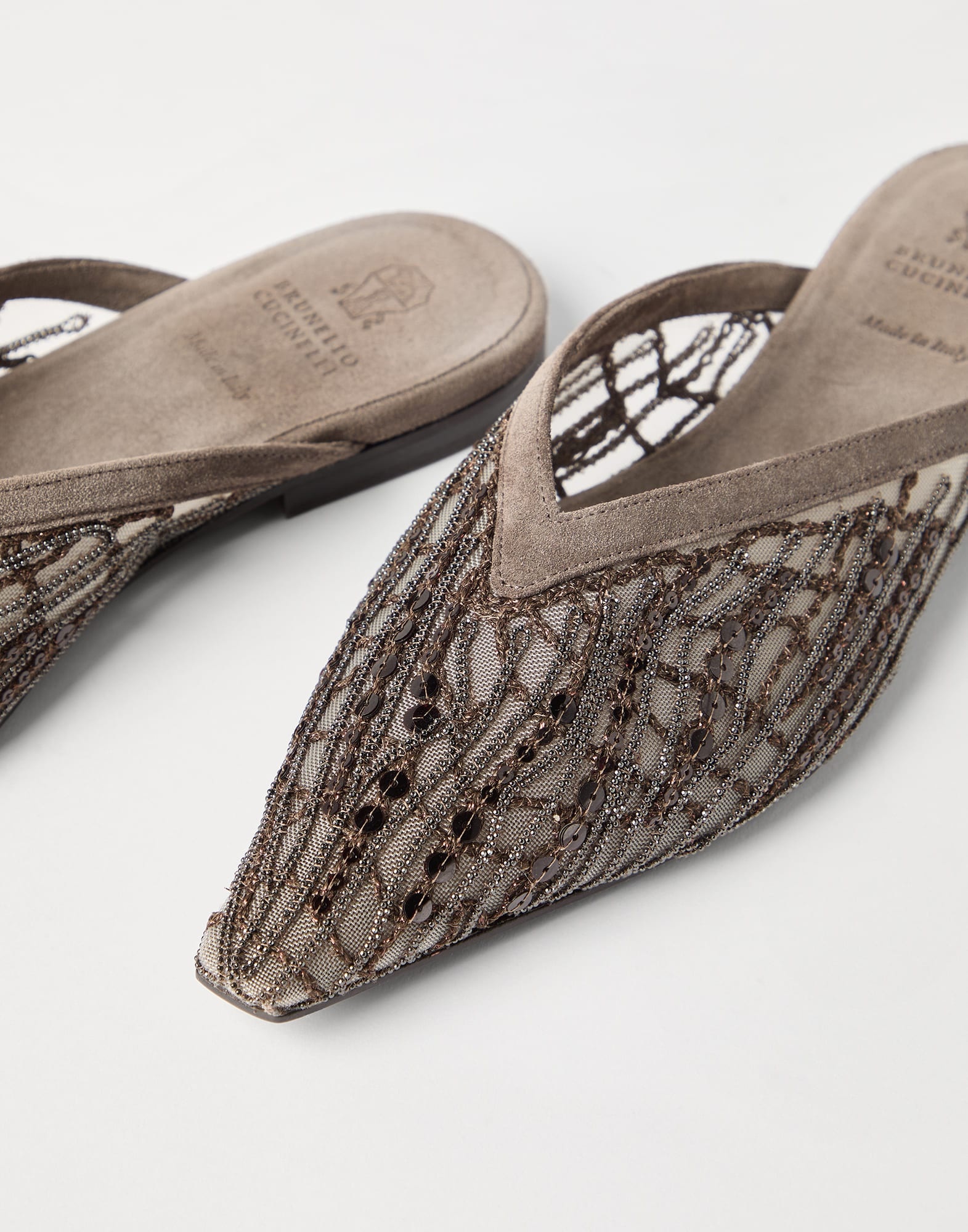 Glistening abstract embroidery flats in suede - 3