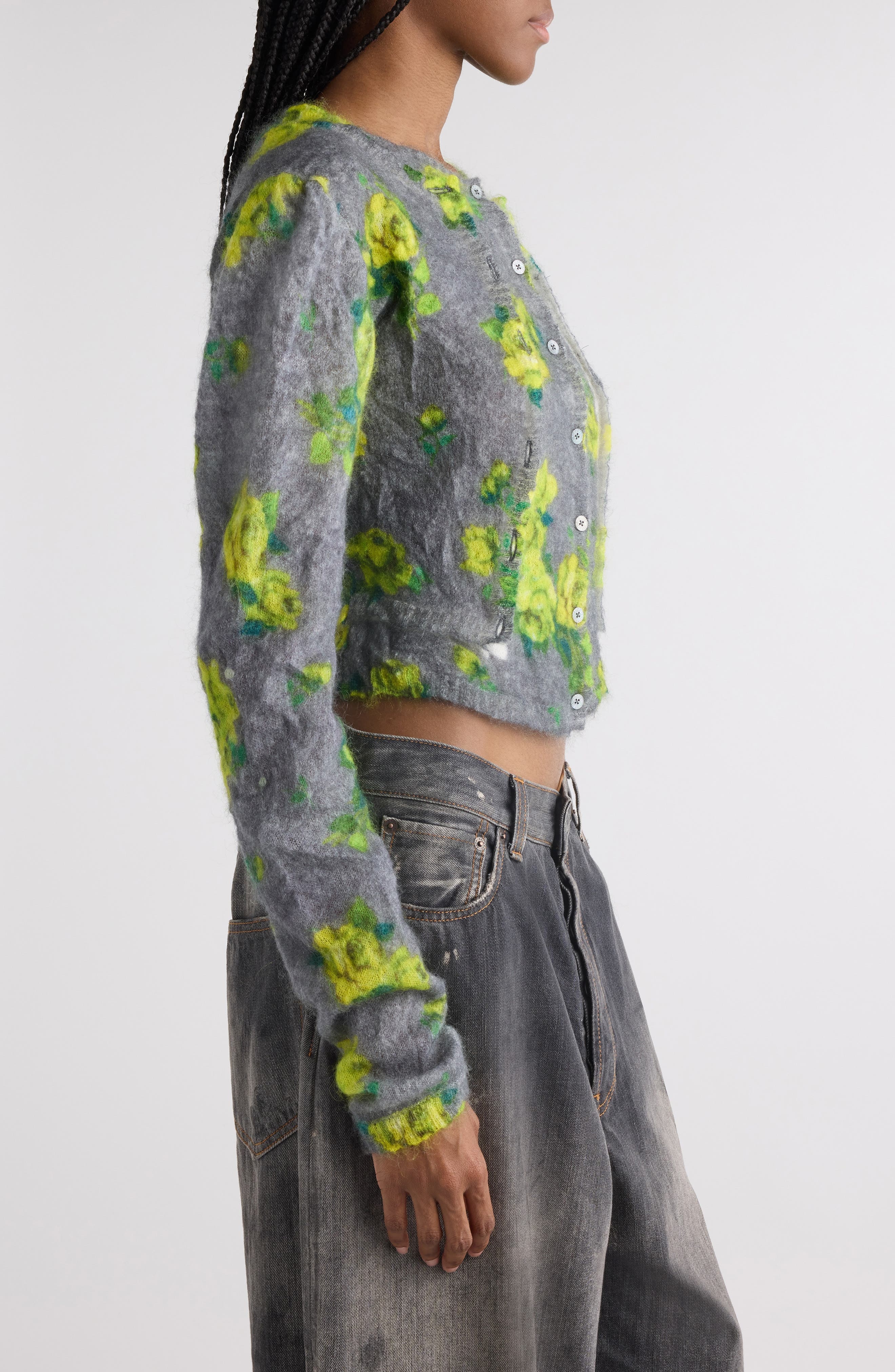 Acne Studios Kahoo Print Overwashed Mohair Blend Cardigan in Grey/Multi at Nordstrom - 4